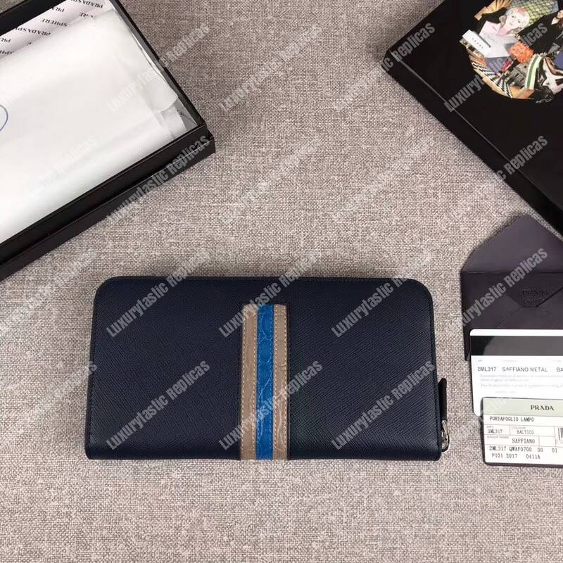 Pra*a saffiano and crocodile leather wallet blue dark blue/grey crocodile insert