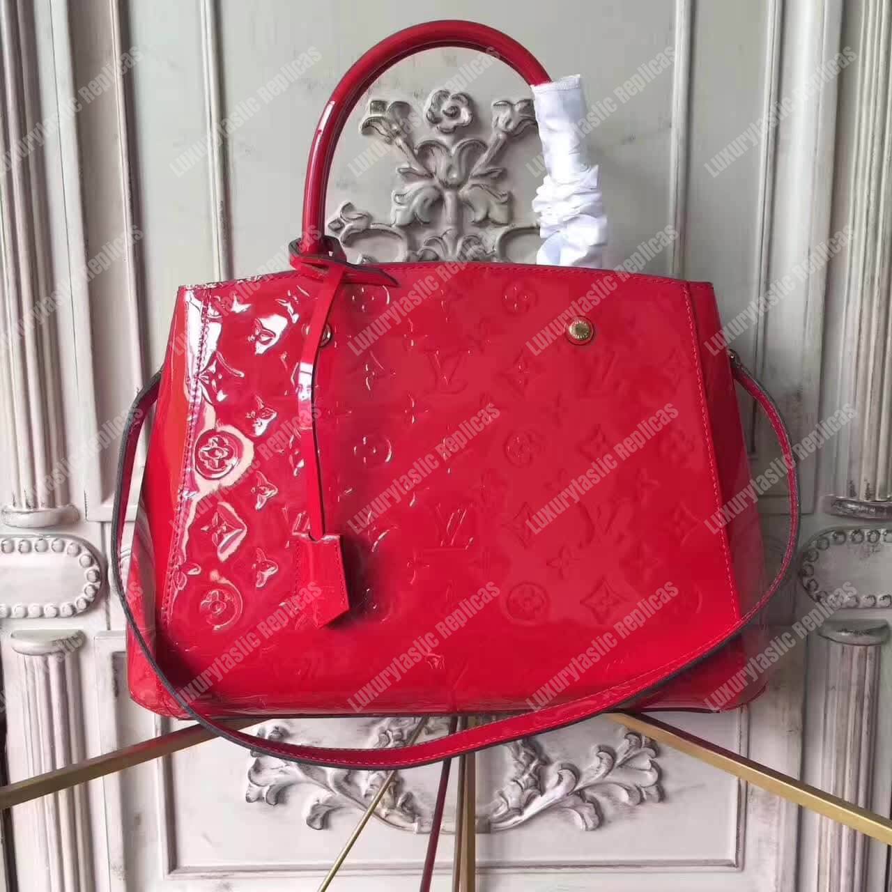 LV Montaigne MM Tote Bag Monogram Vernis Red