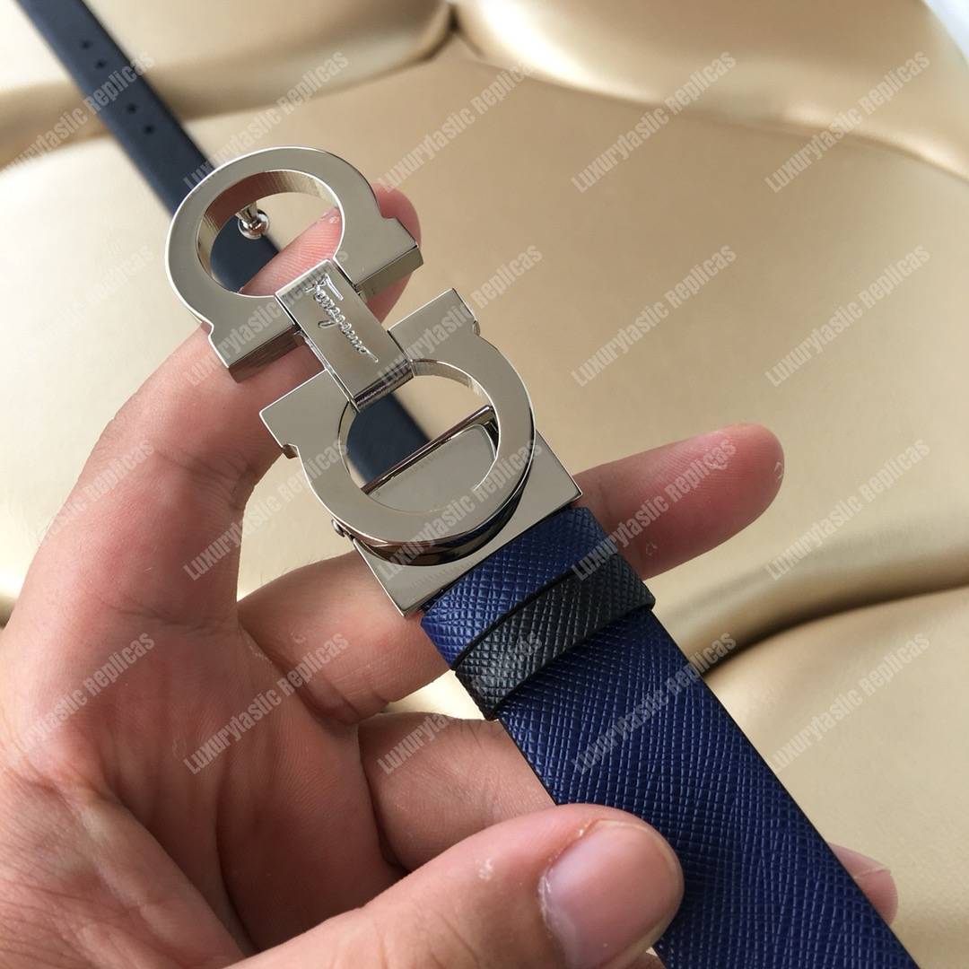 ﻿Salvatore Ferragamo Adjustable and Reversible Gancini Belt Blue / Black