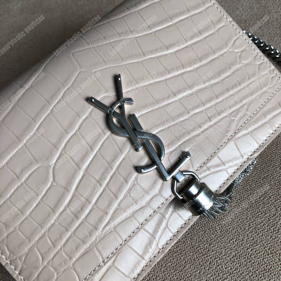 Saint Laurent Kate Chain Wallet With Tassel Ivory Crocodile