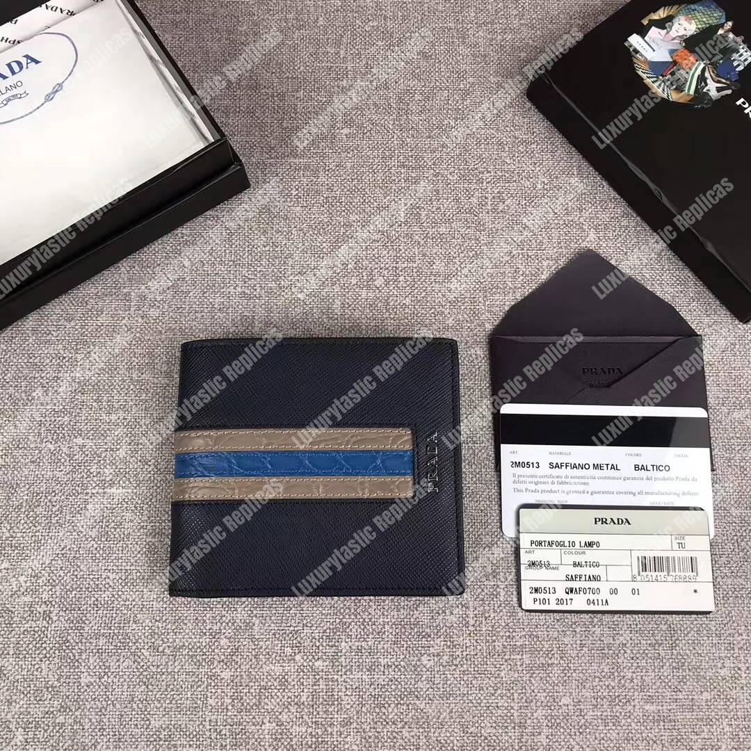 Pra*a saffiano and crocodile leather wallet navy blue grey/dark blue crocodile insert