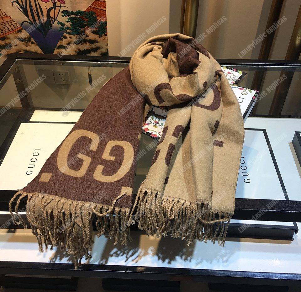 G*u*i gg jacquard wool silk scarf brown & beige