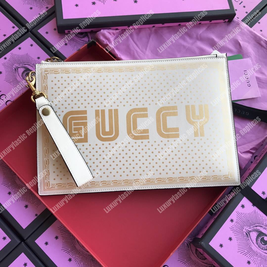 g*u*i G*u*iy print leather pouch bag white