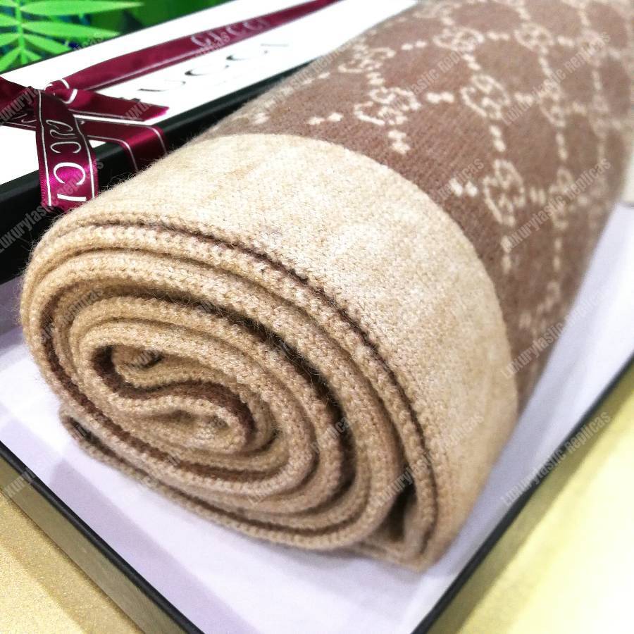G*u*i monogram gg wool scarf beige brown