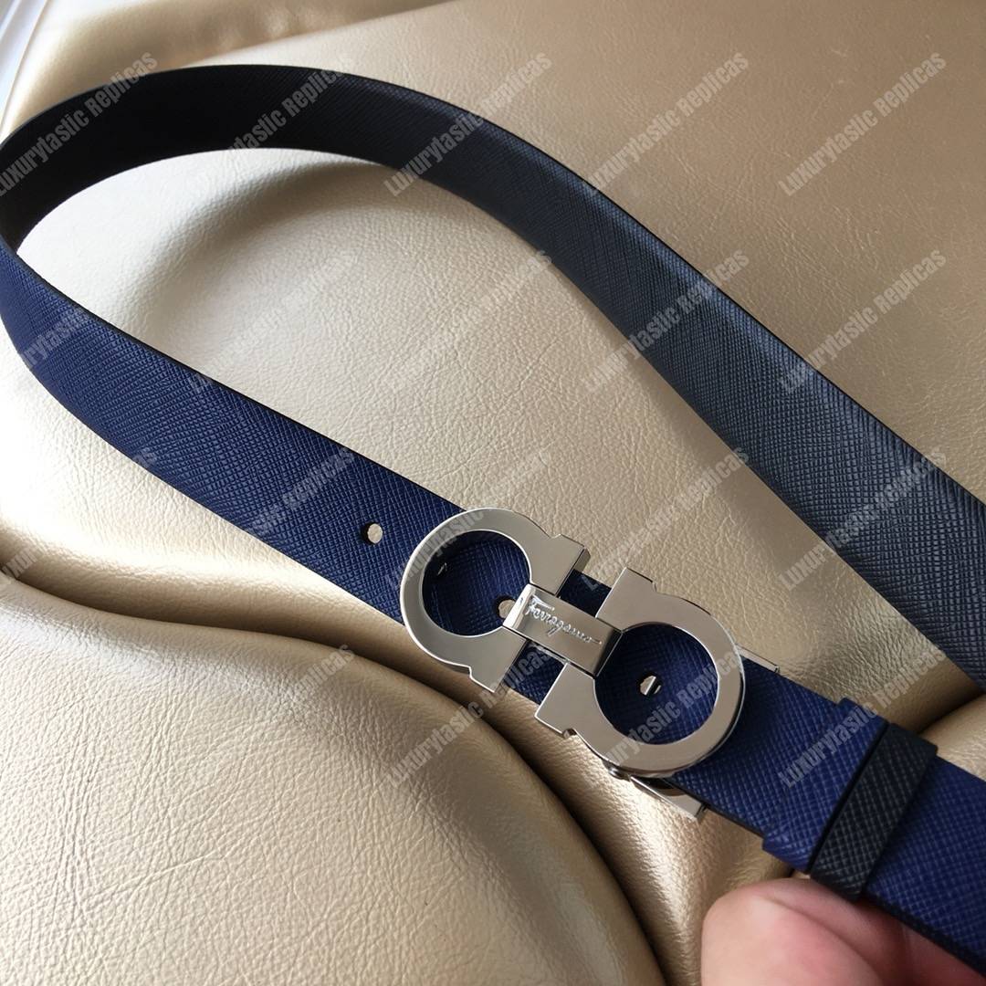 ﻿Salvatore Ferragamo Adjustable and Reversible Gancini Belt Blue / Black