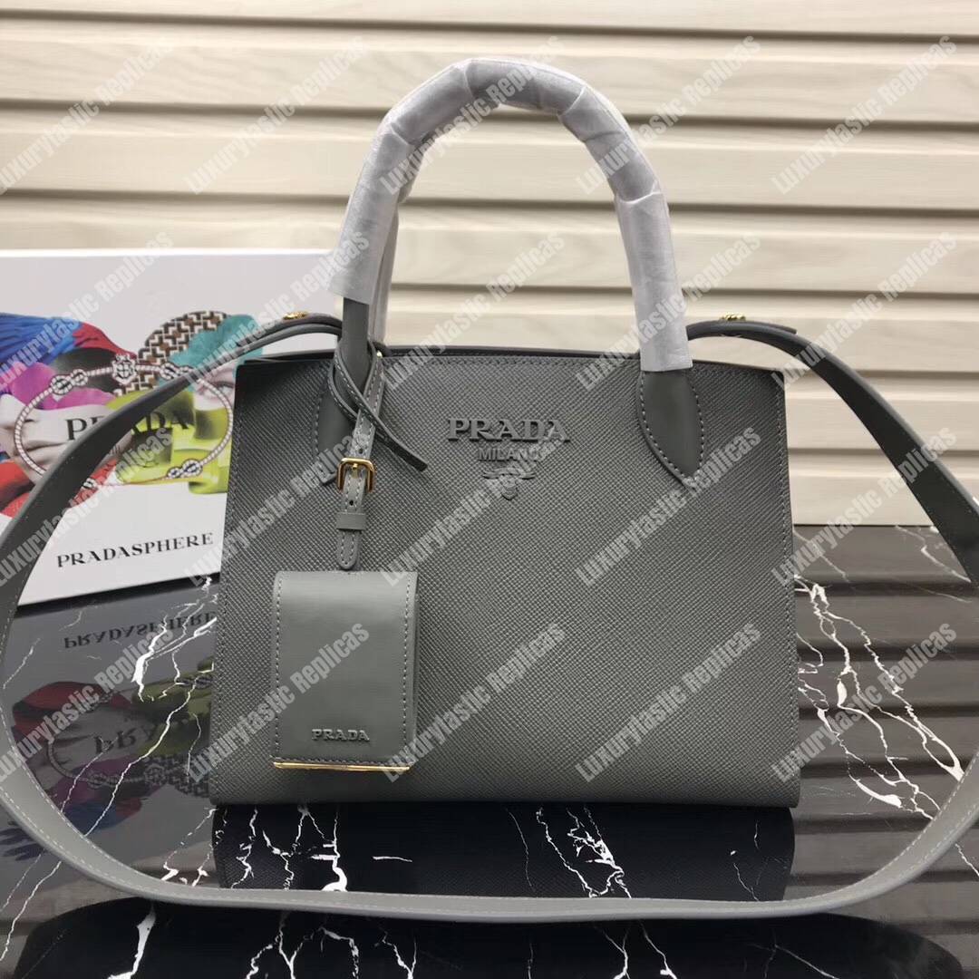 pra*a monoCh*0me saffiano leather bag grey