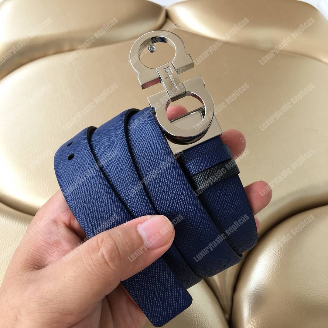 ﻿Salvatore Ferragamo Adjustable and Reversible Gancini Belt Blue / Black