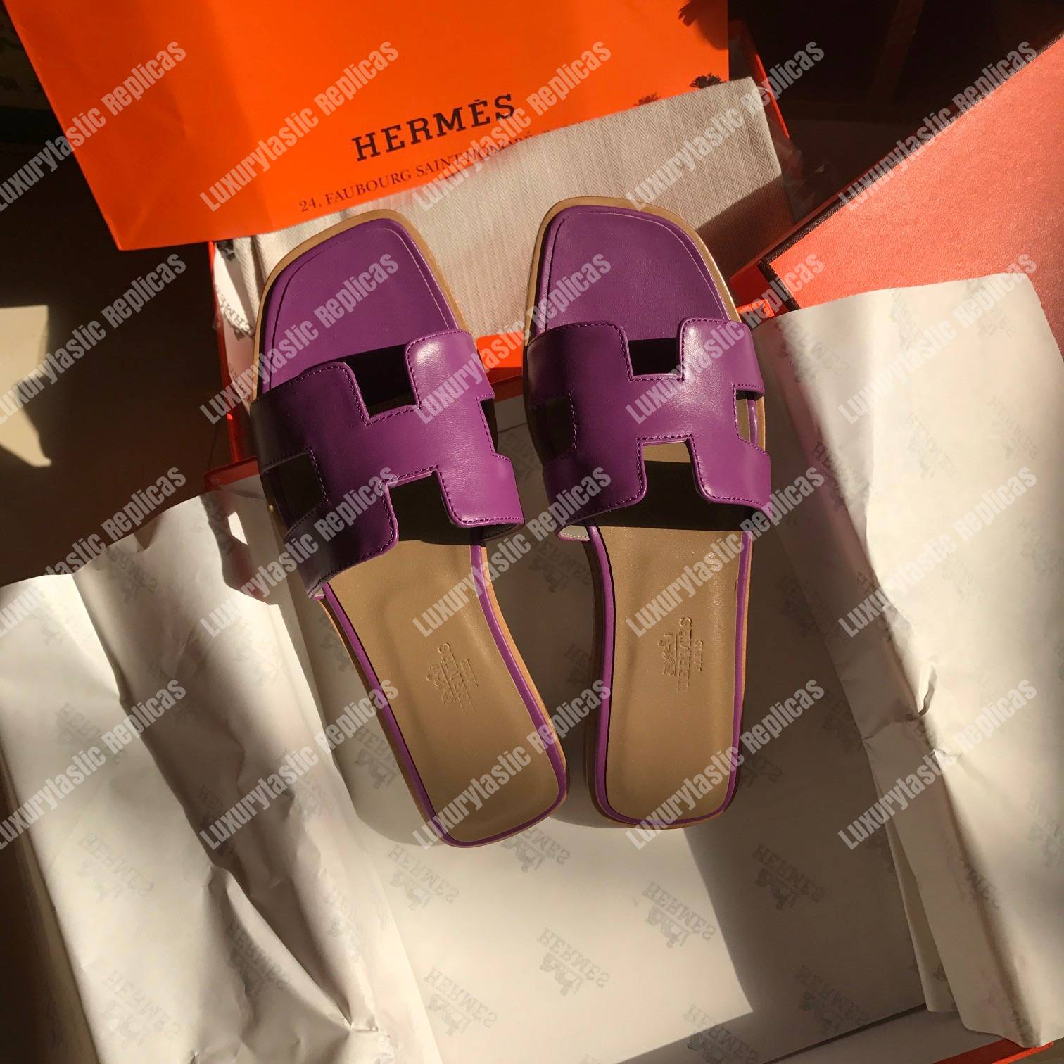 H**mes oran sandal calfskin leather purple
