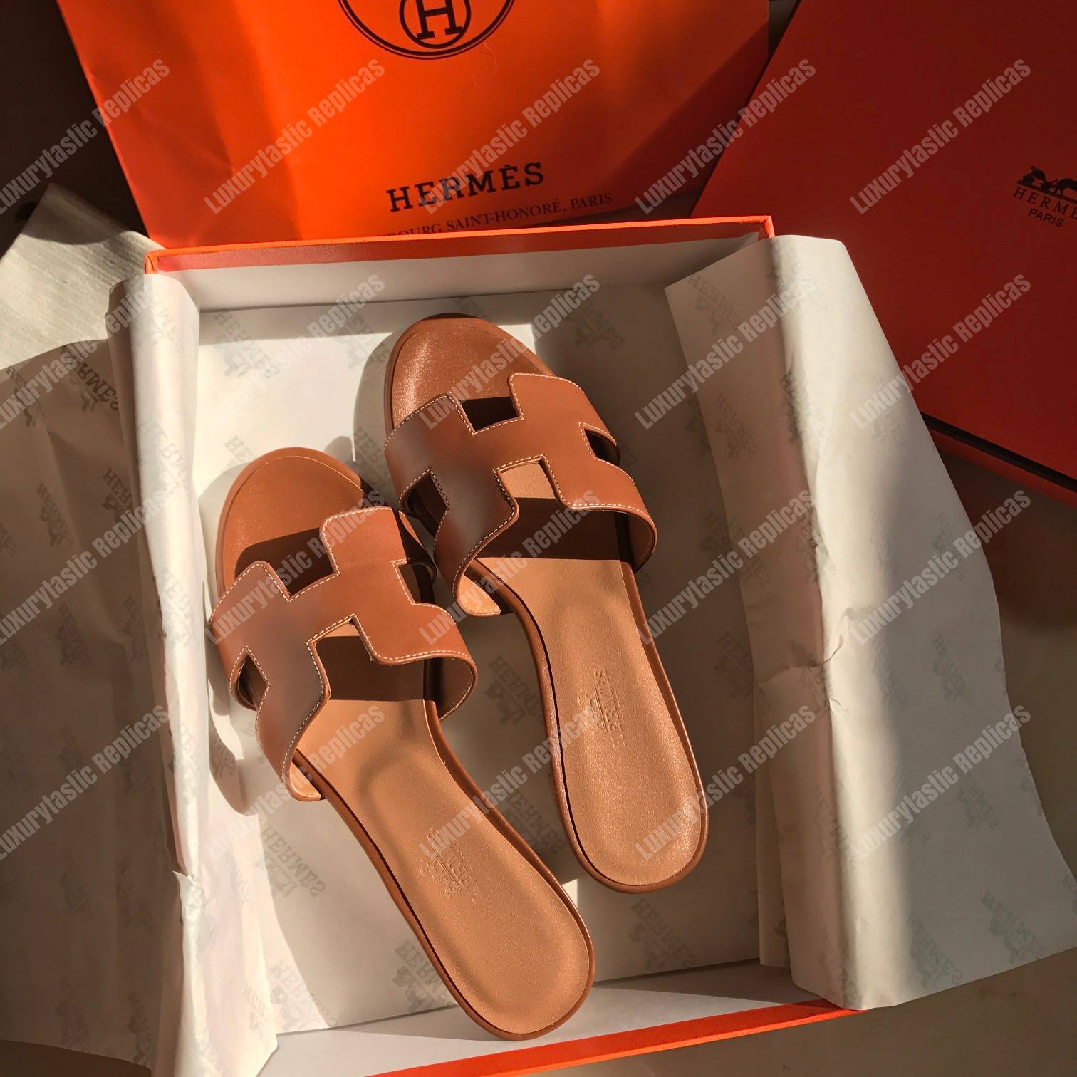 H**mes oran sandal calfskin leather brown