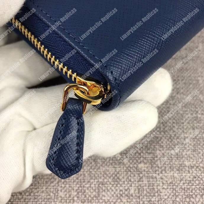 Pra*a large saffiano leather wallet blue gold hardware