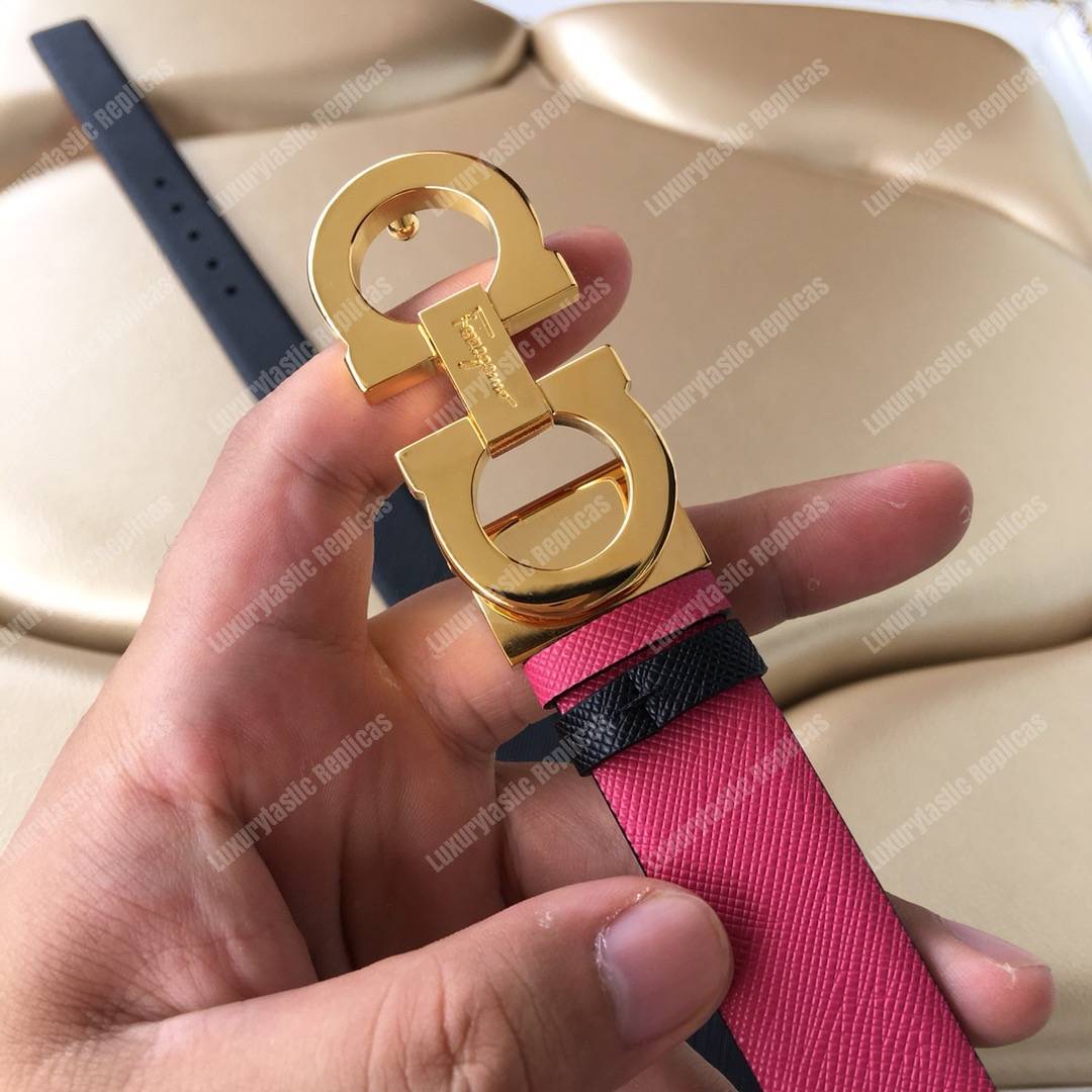 ﻿Salvatore Ferragamo Adjustable and Reversible Gancini Belt Black / Pink