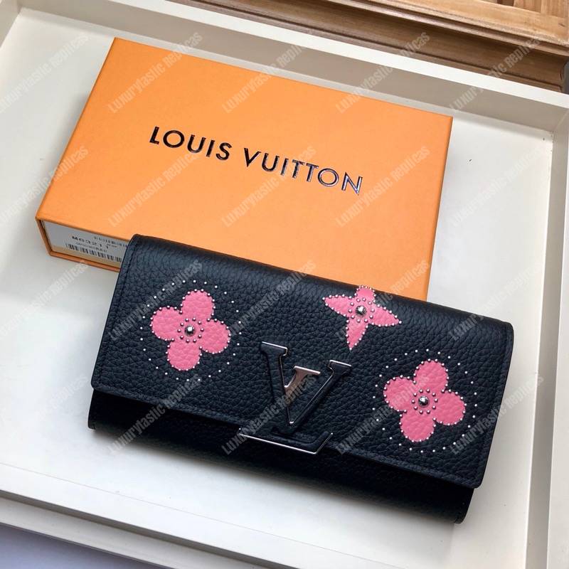 LV Capucines Wallet Taurillon Noir Leather Monogram Pink Flowers