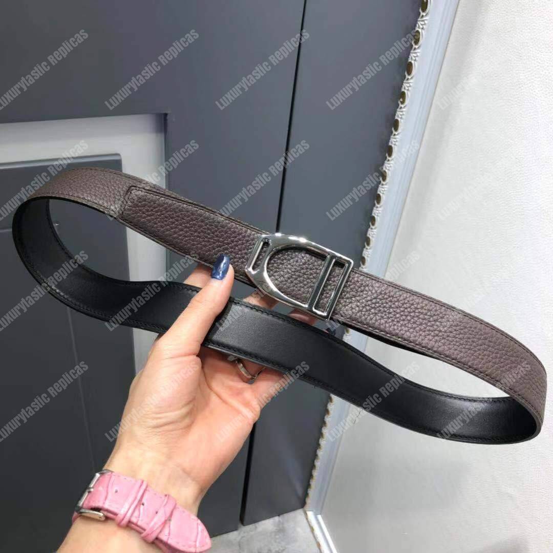 H**mes etrier buckle & reversible leather strap 32 mm noir / chocolat