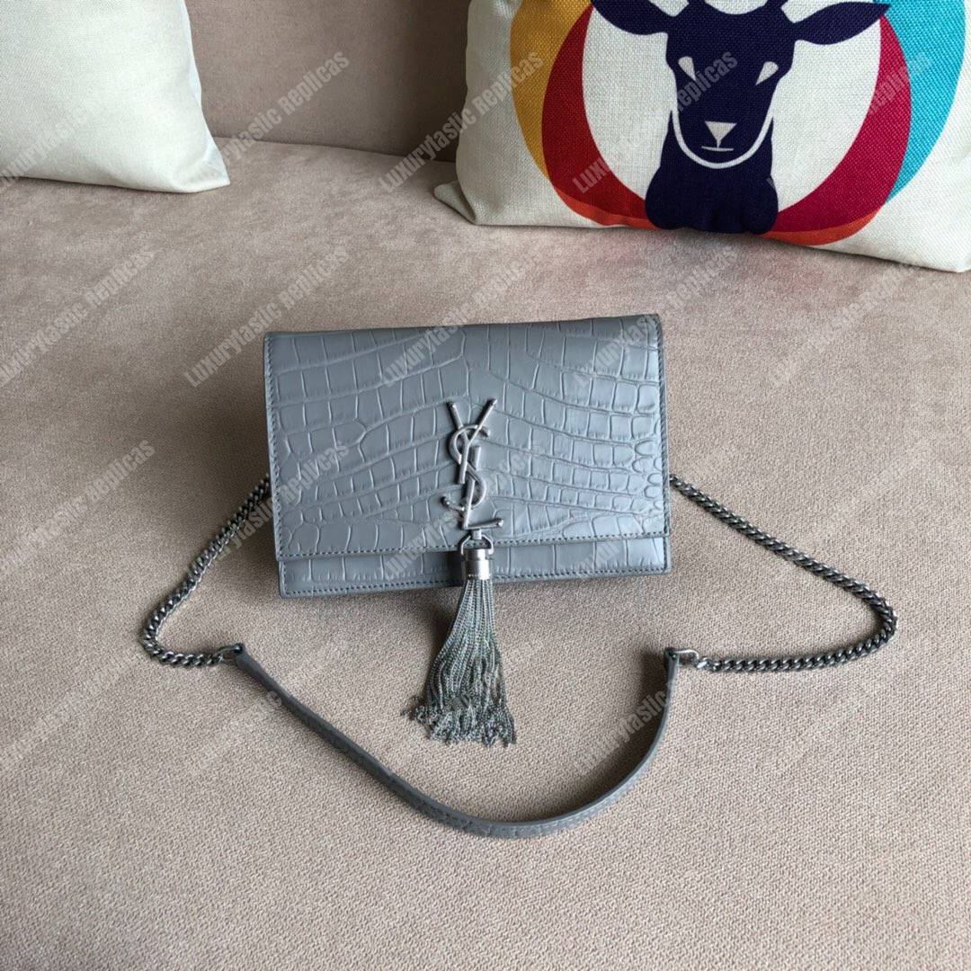 Saint Laurent Kate Chain Wallet With Tassel Earth Grey Crocodile