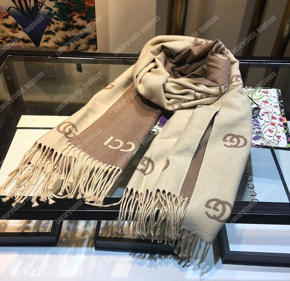 G*u*i wool scarf double g pattern beige brown