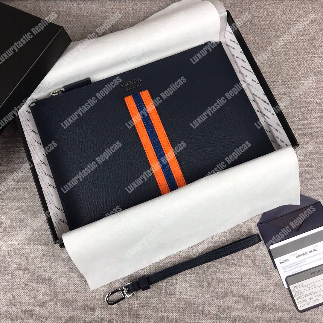 Pra*a saffiano and crocodile leather pouch orange / blue
