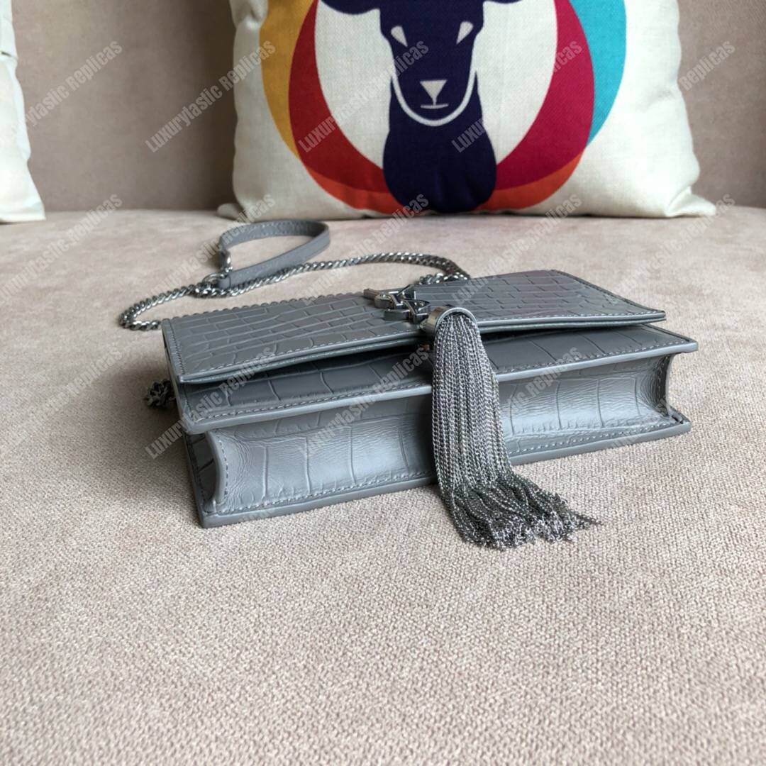 Saint Laurent Kate Chain Wallet With Tassel Earth Grey Crocodile
