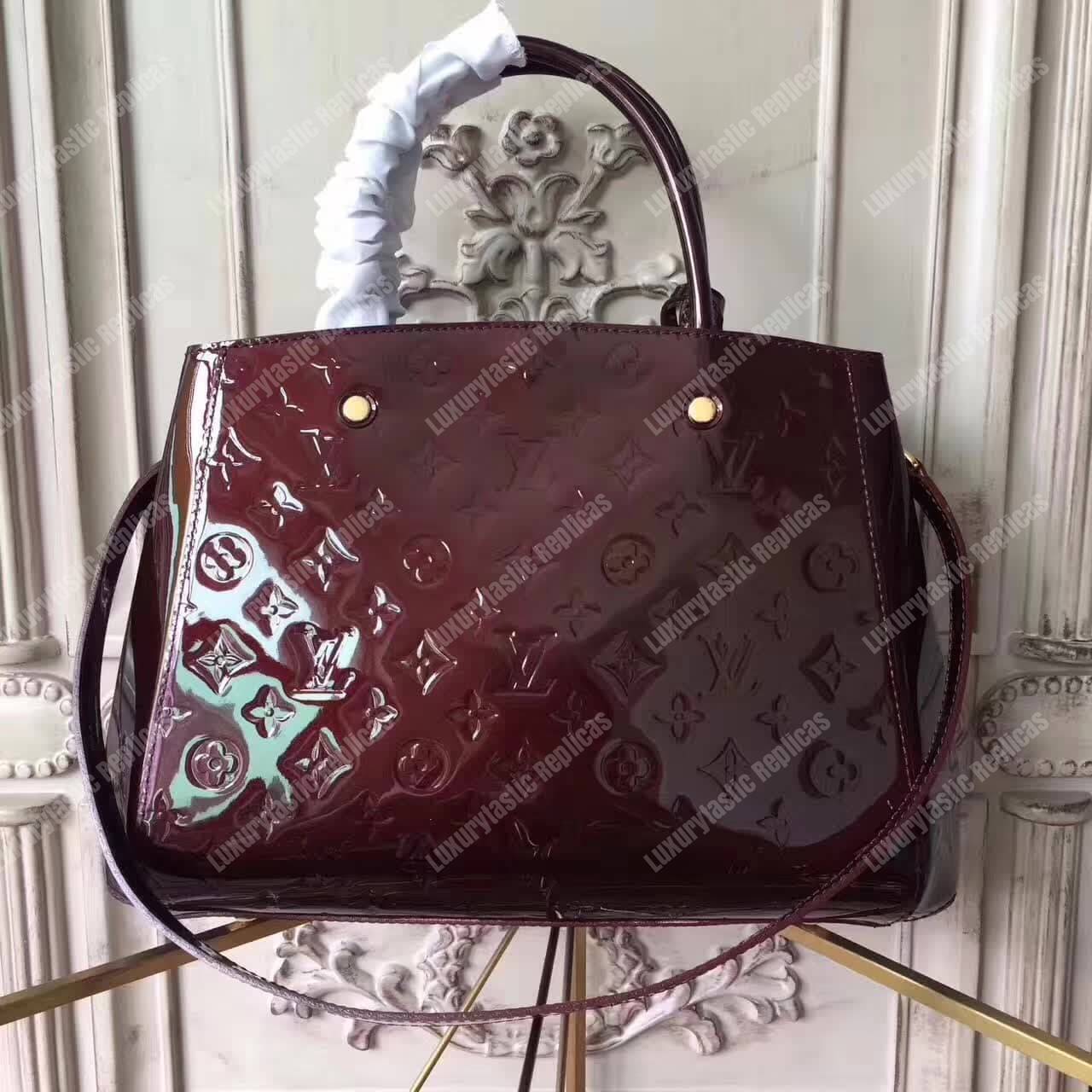 LV Montaigne MM Tote Bag Monogram Vernis Amarante