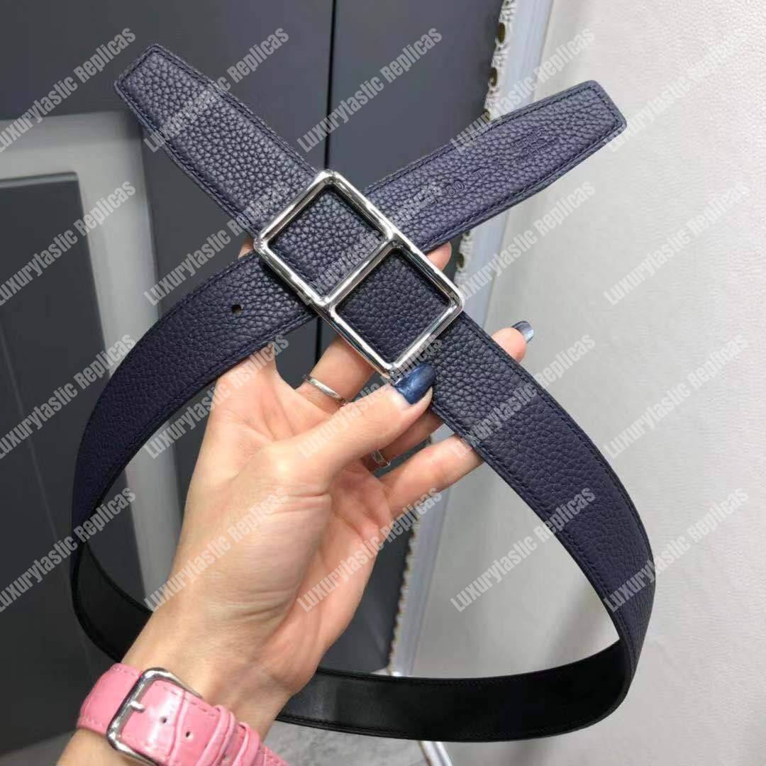 H**mes officier belt buckle reversible leather strap black/bleu de prusse