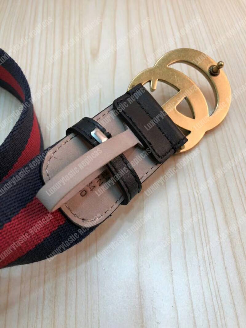 G*u*i nylon web belt with double g buckle blue and red