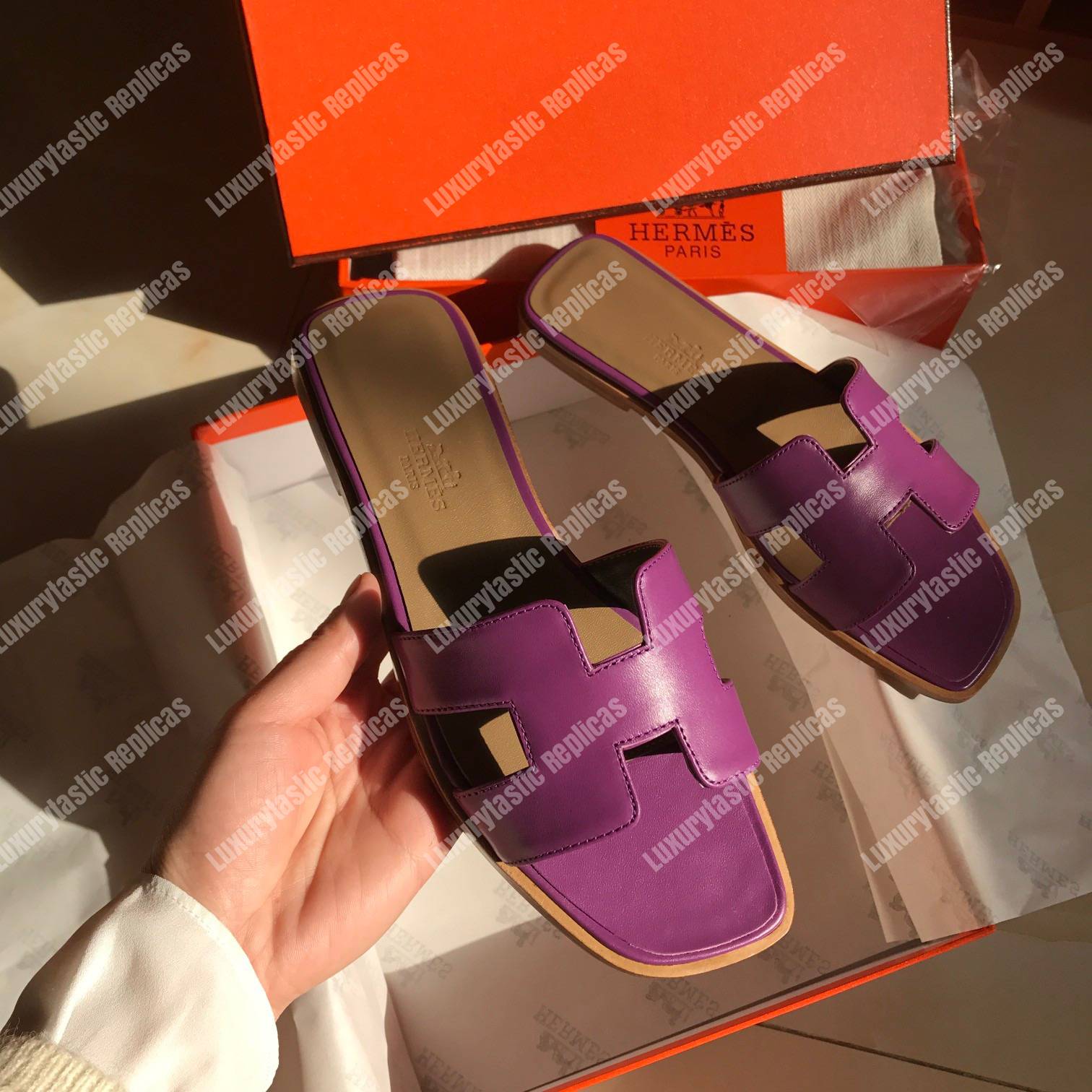 H**mes oran sandal calfskin leather purple