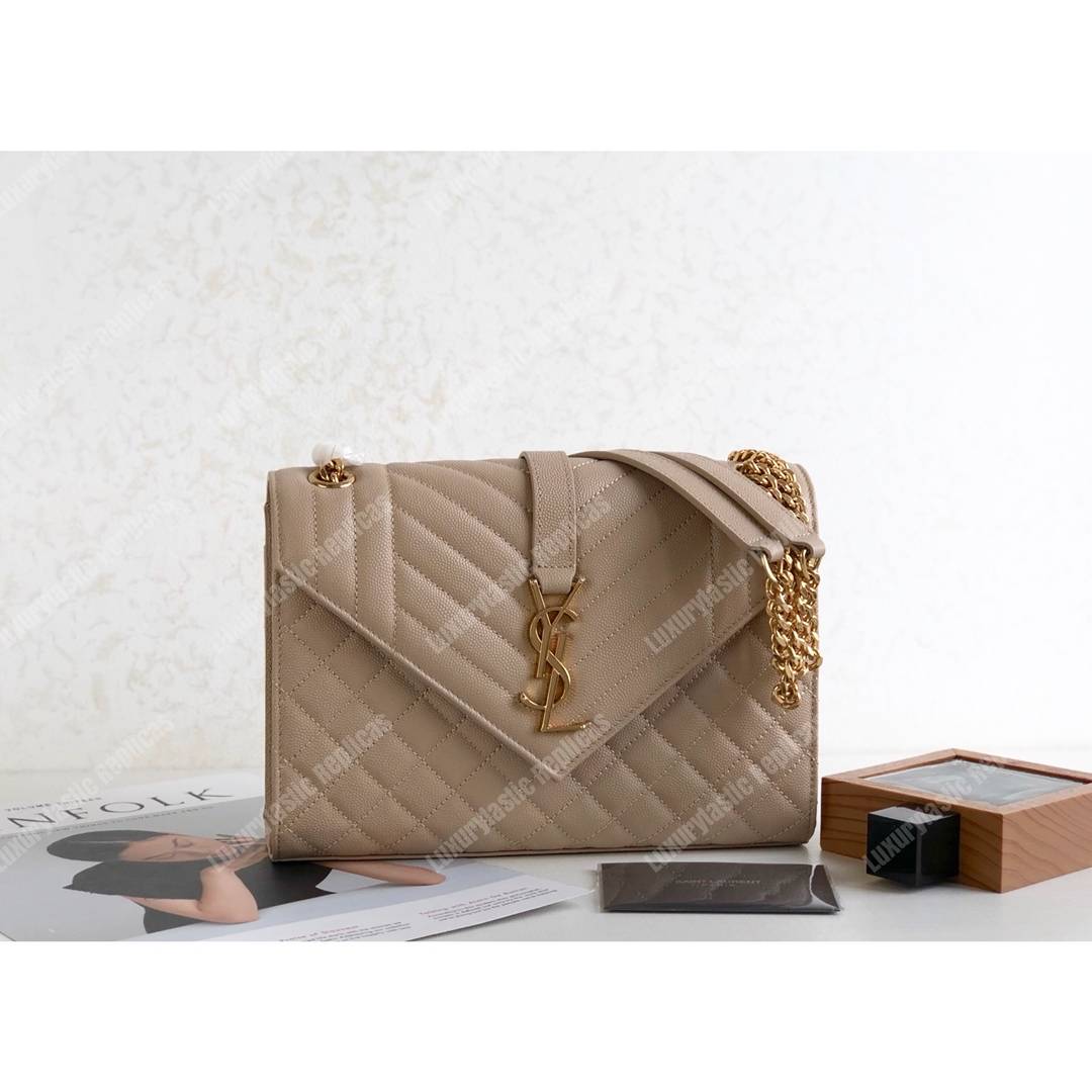 Saint Laurent Envelope Medium Bag in Mix Matelasse Grain De Poudre Embossed Leather Latte