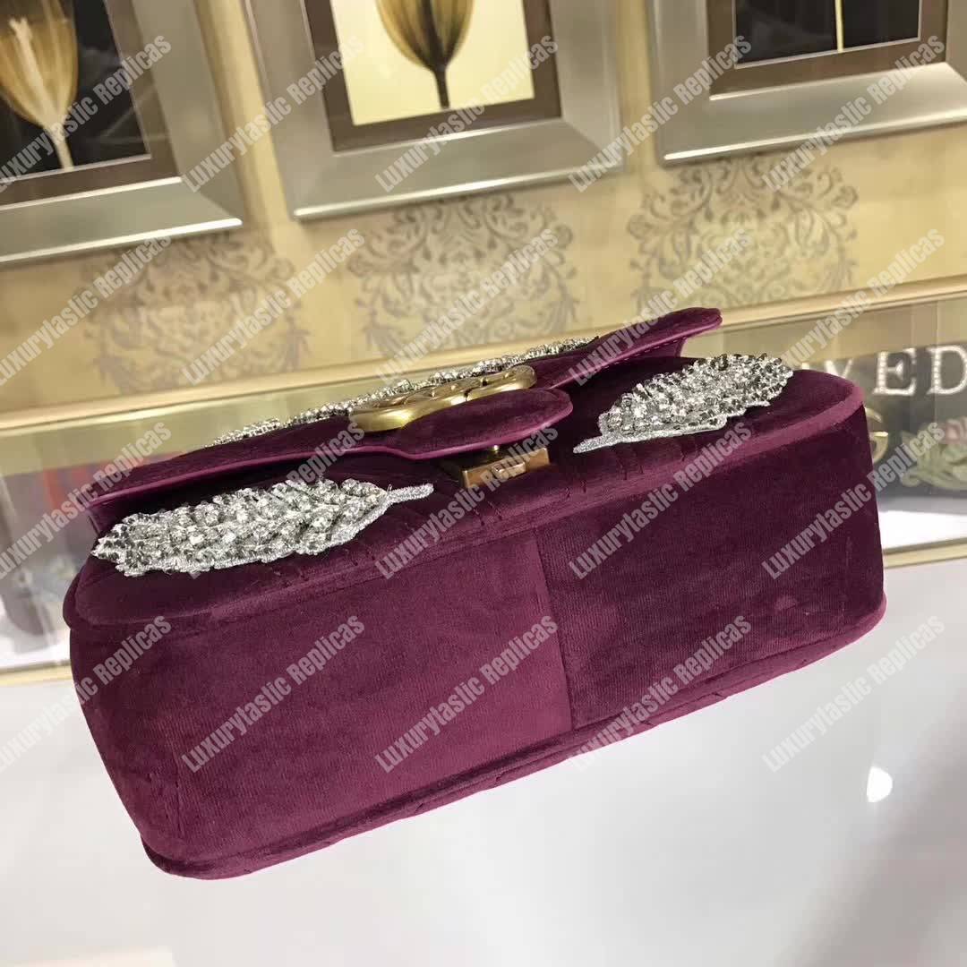 G*u*i gg marmont embroidered velvet mini bag feathers