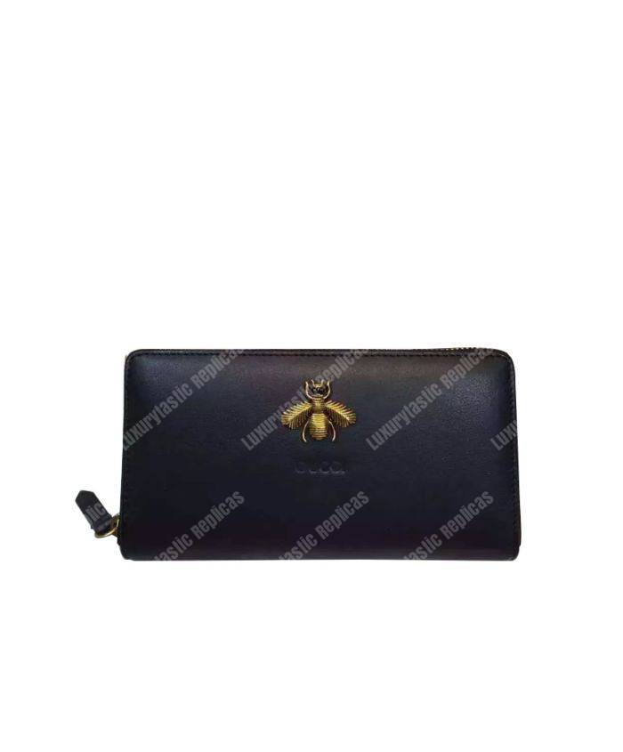 G*u*i bee embroidered zip around wallet black