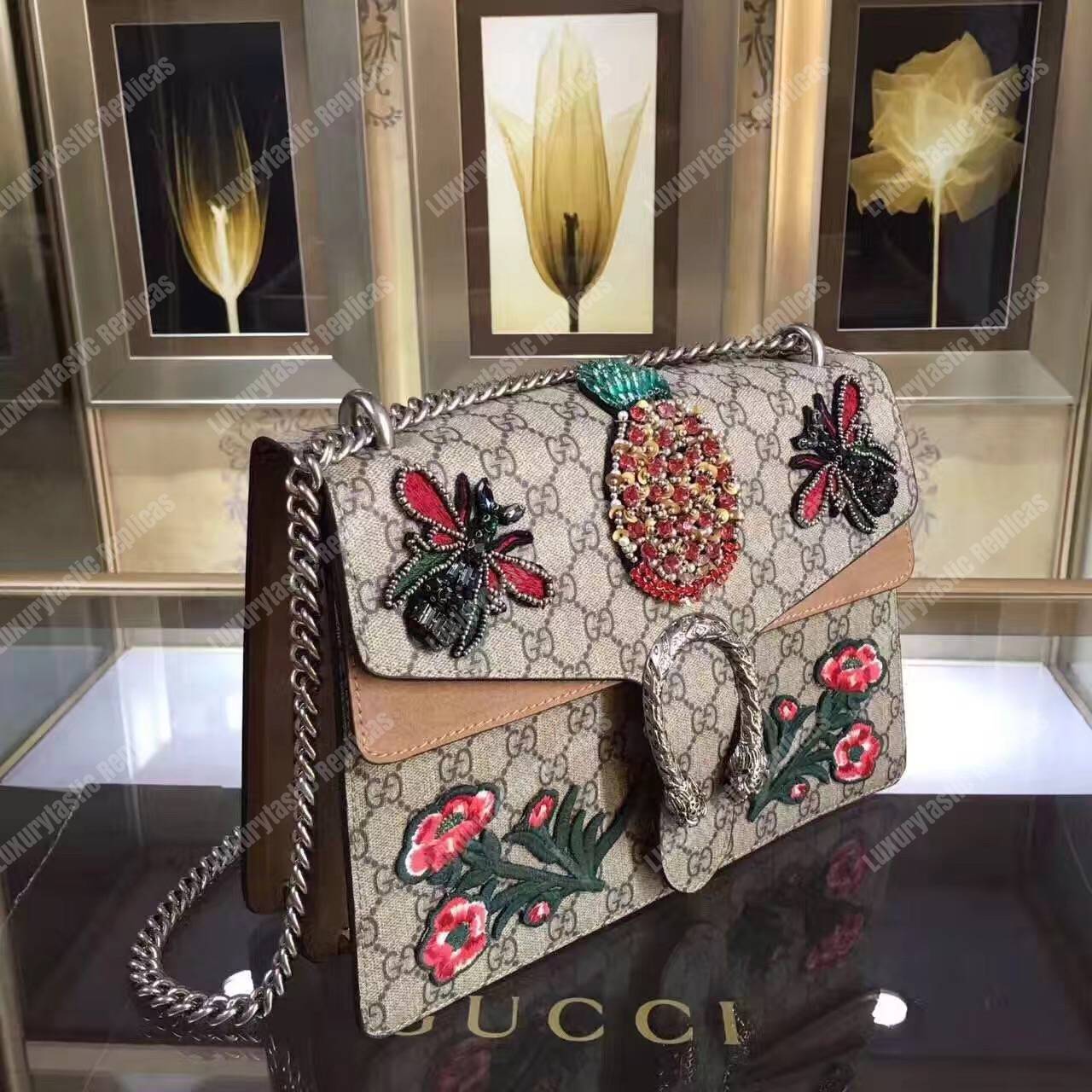 G*u*i dionysus embroidered shoulder bag bees/pineapple/flower