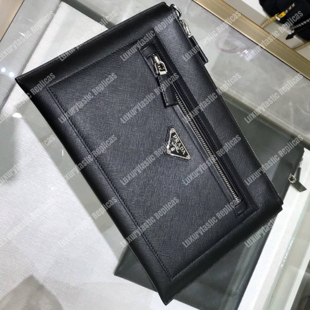 Pra*a saffiano leather pouch with top zip black
