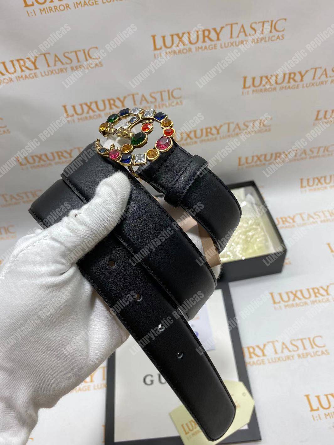 G*u*i leather belt with crystal double g buckle