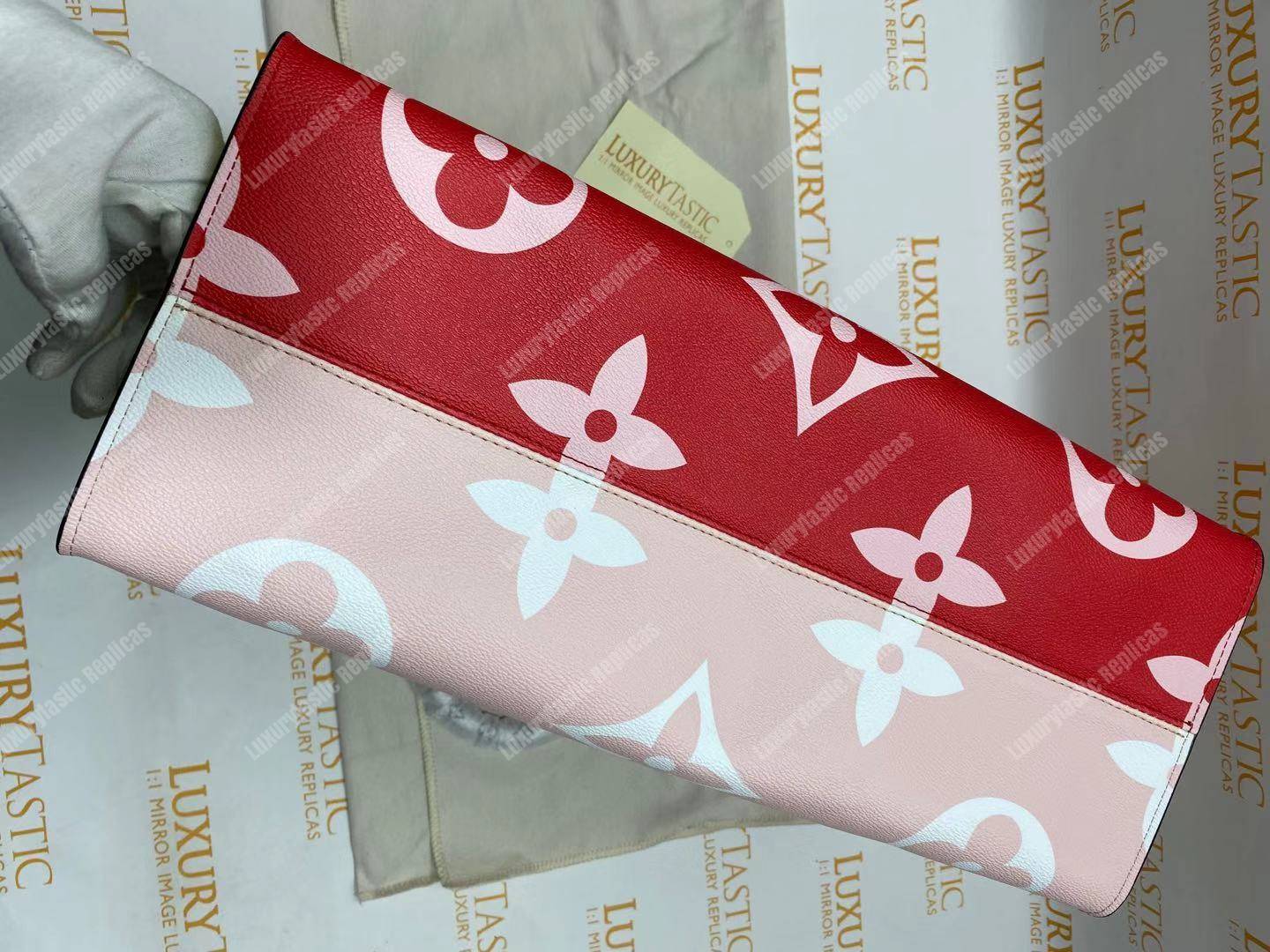 LV Onthego Monogram Toron Handle Rouge Tote Bag GM