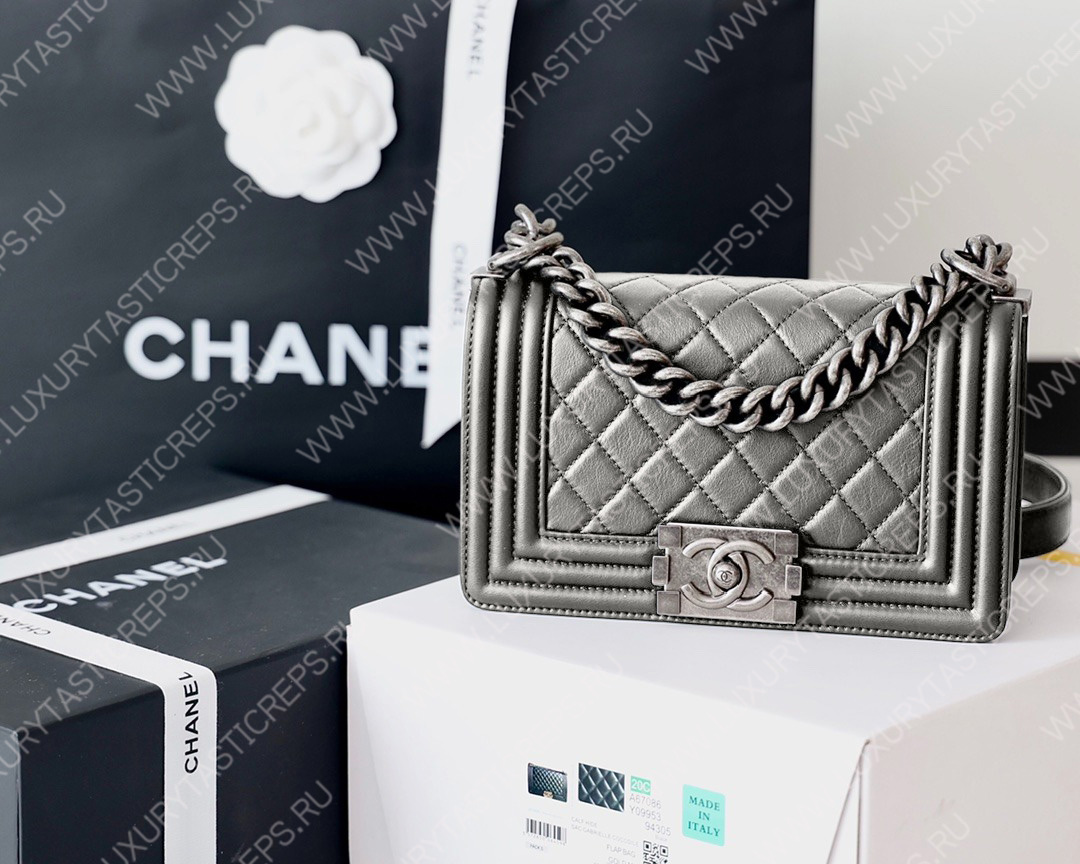 Ch*el boy handbag silver metallic a67085