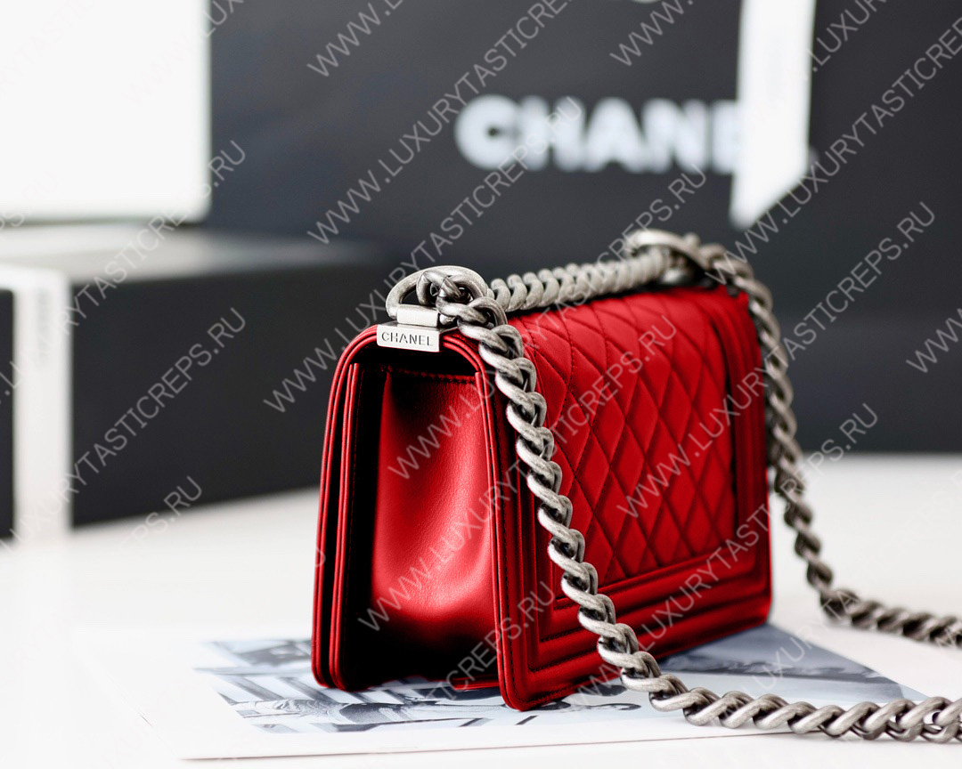 Ch*el boy handbag red metallic a67085