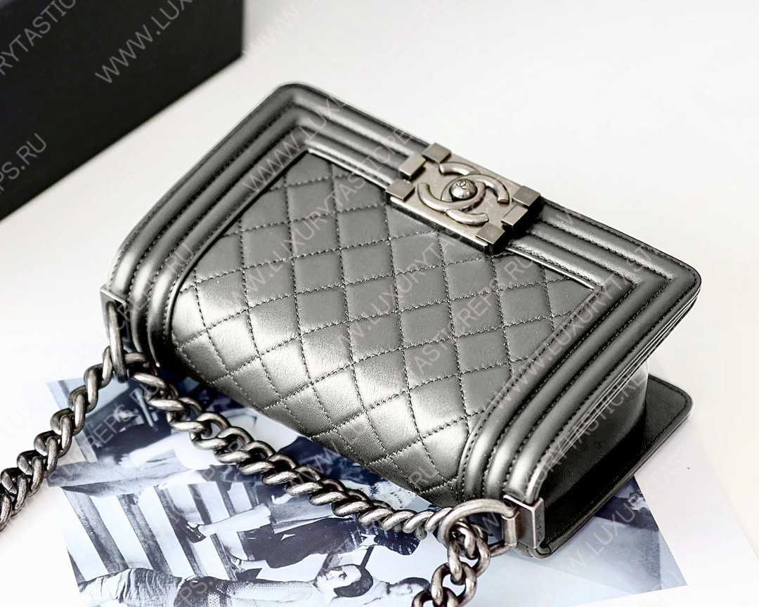 Ch*el boy handbag silver metallic a67085