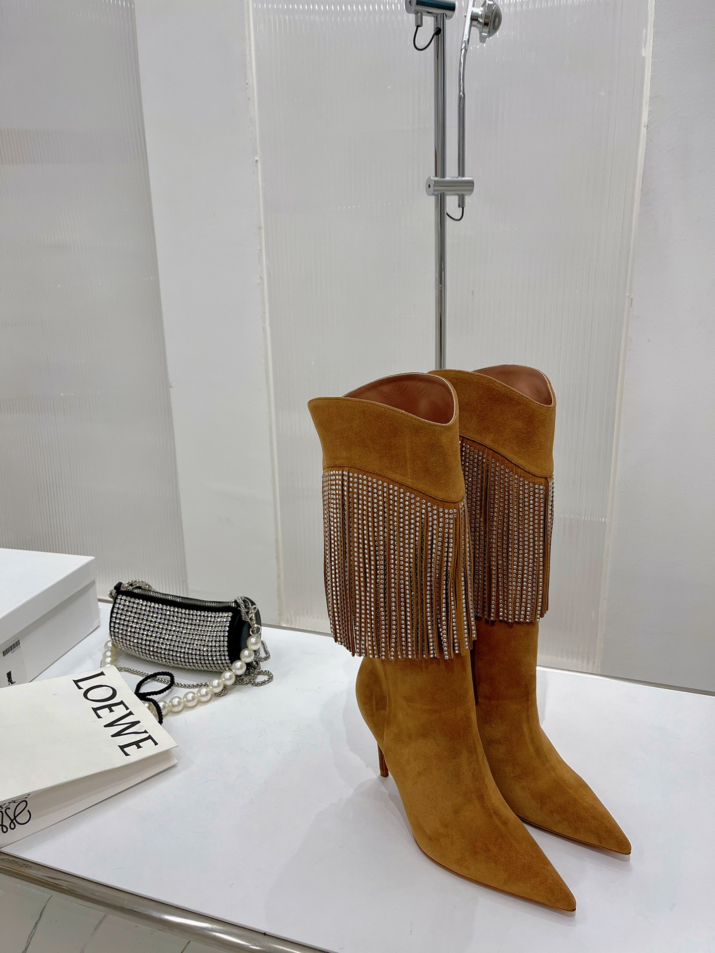 AMINA MUADDI LILY CRYSTAL-FRINGE CALF BOOTS BROWN AM5020