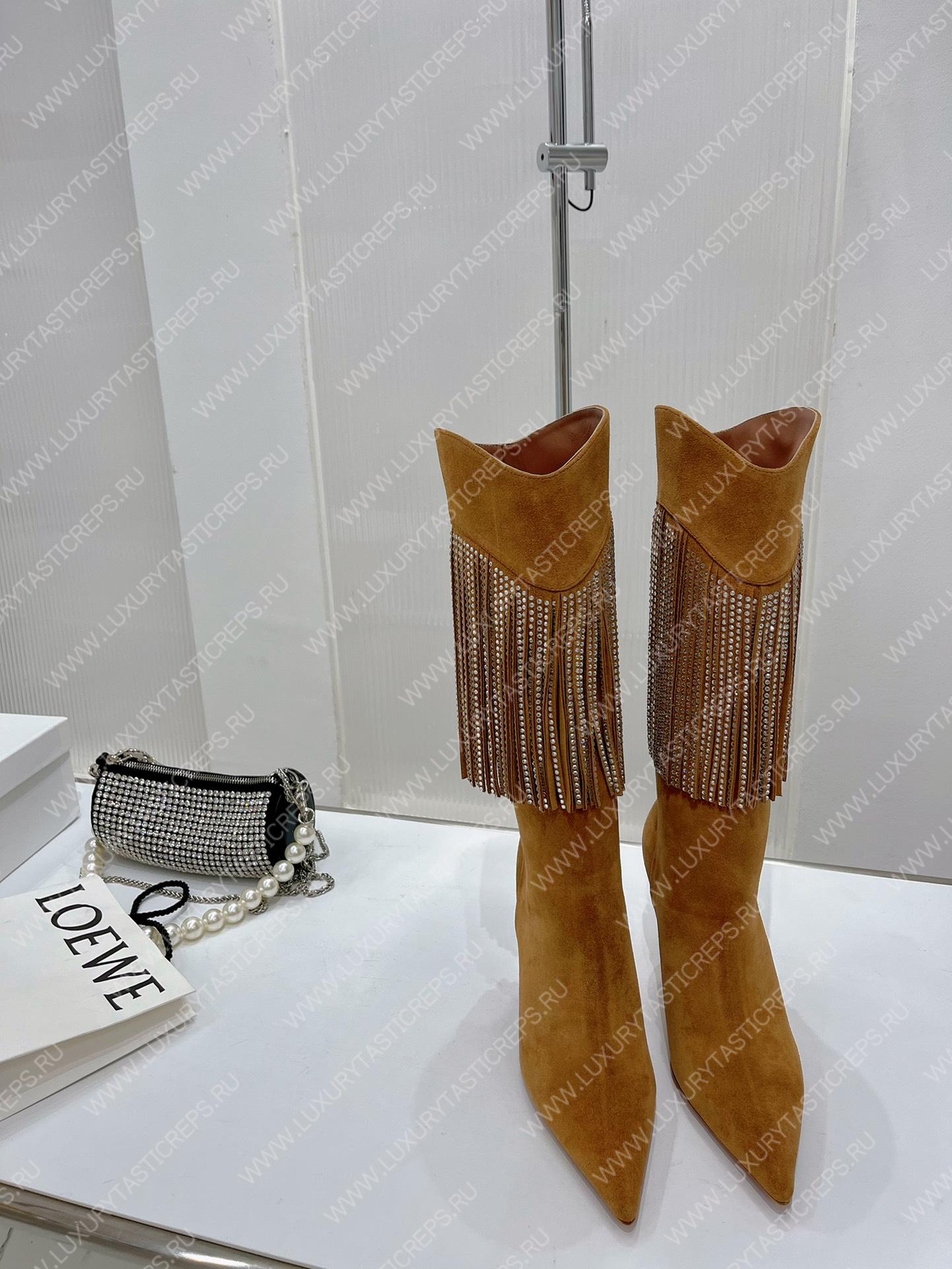AMINA MUADDI LILY CRYSTAL-FRINGE CALF BOOTS BROWN AM5020
