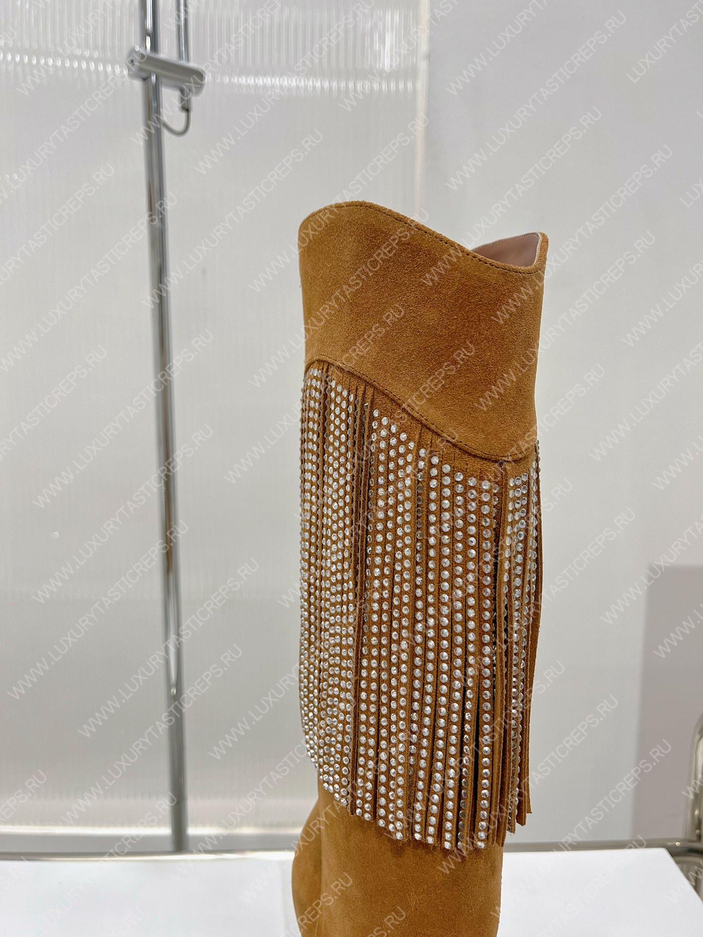 AMINA MUADDI LILY CRYSTAL-FRINGE CALF BOOTS BROWN AM5020