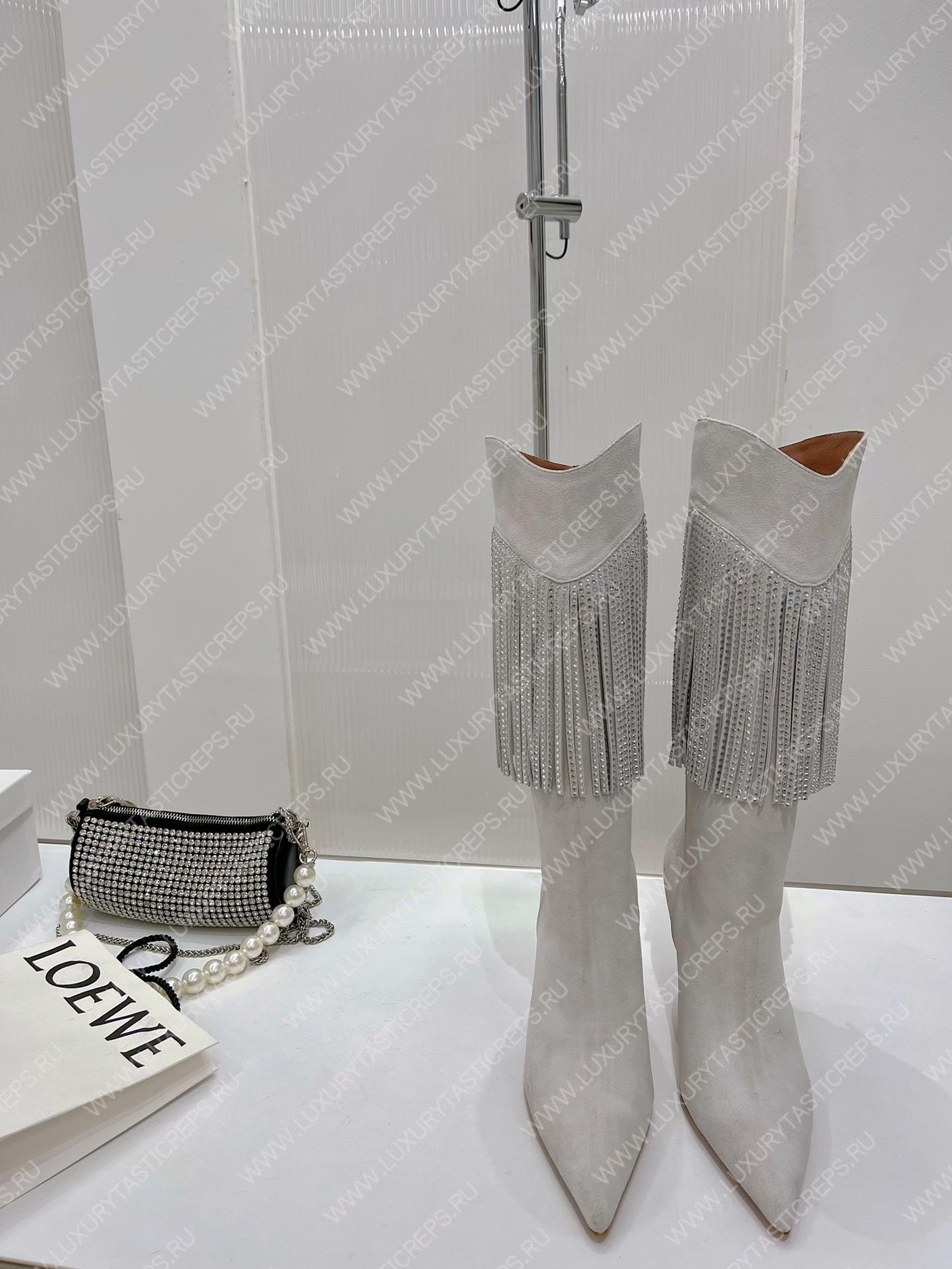 AMINA MUADDI LILY CRYSTAL-FRINGE CALF BOOTS WHITE AM5020