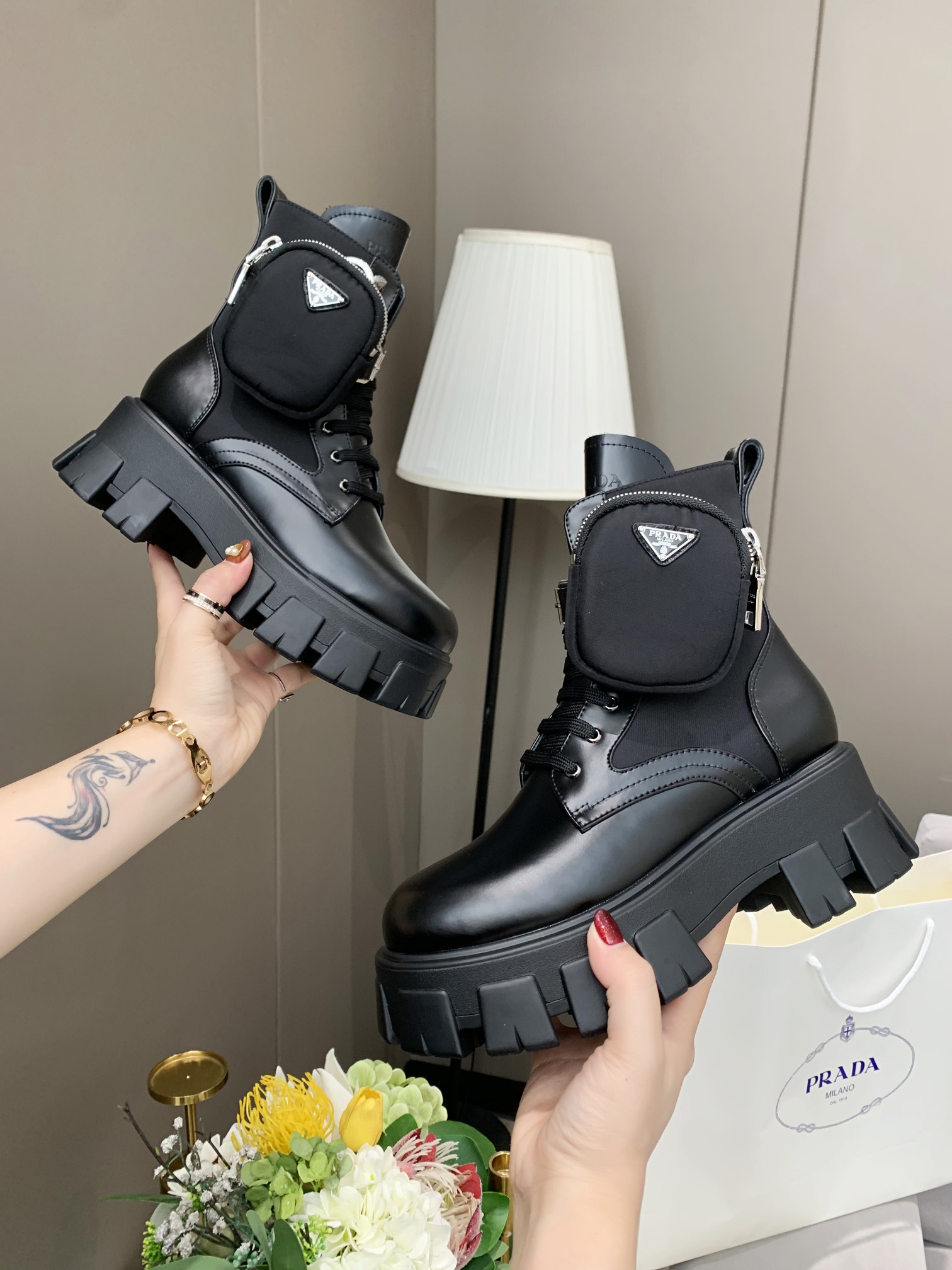 Pra*a monolith brushed leather and nylon boots with pouch black 2ue007