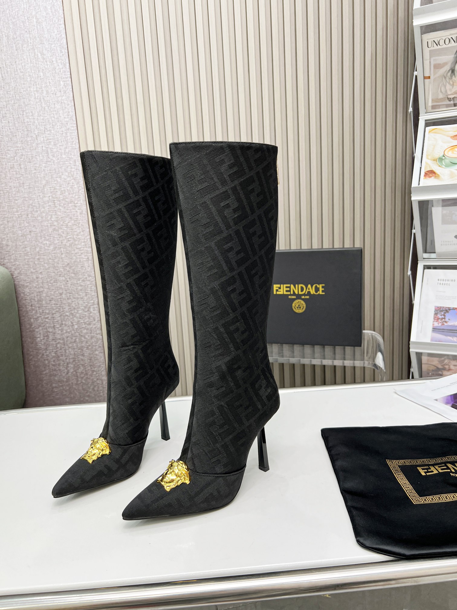 VERSACE FENDACE FF JACQUARD BOOTS BLACK 1004496