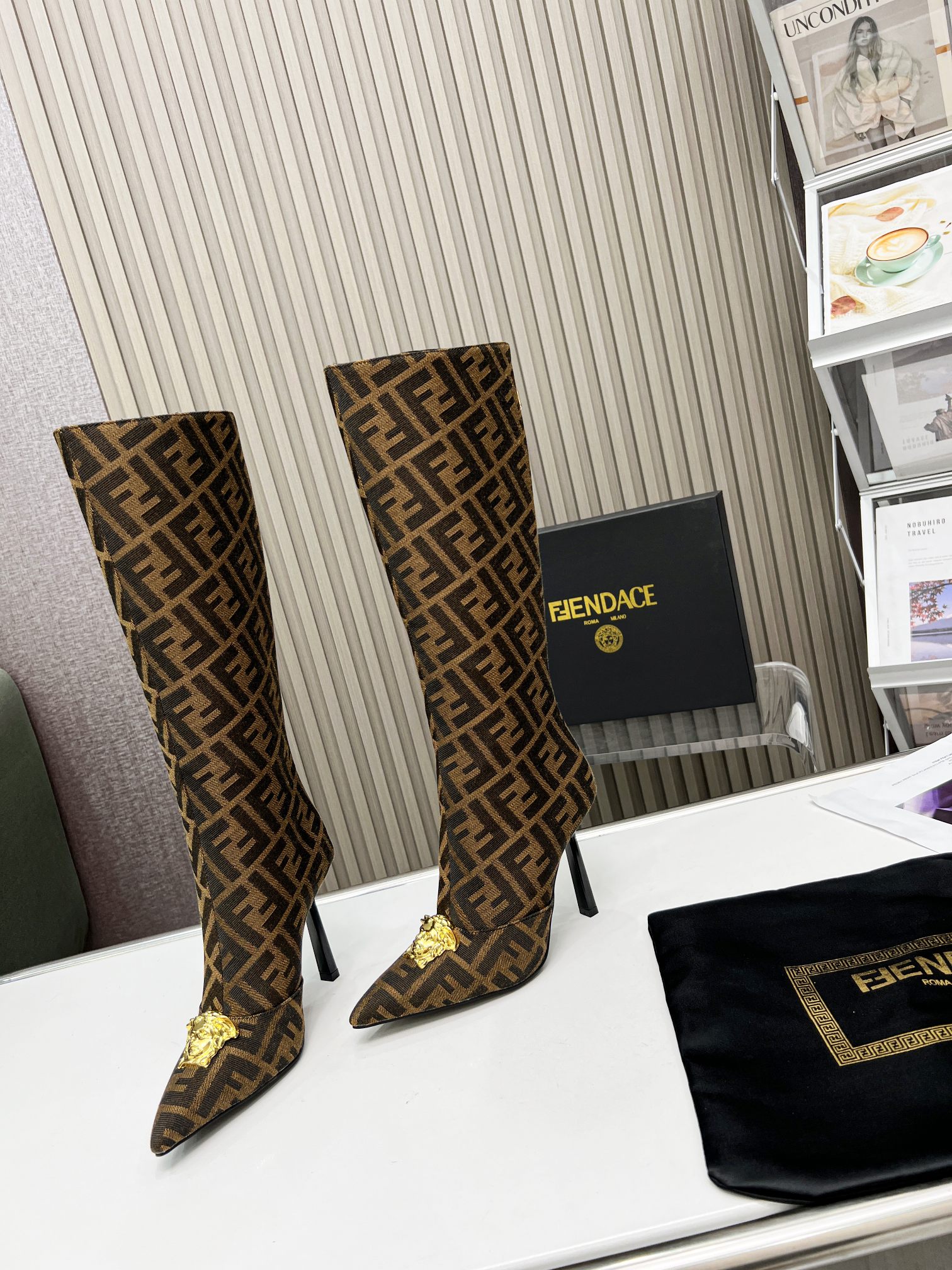 VERSACE FENDACE FF JACQUARD BOOTS BROWN 1004496