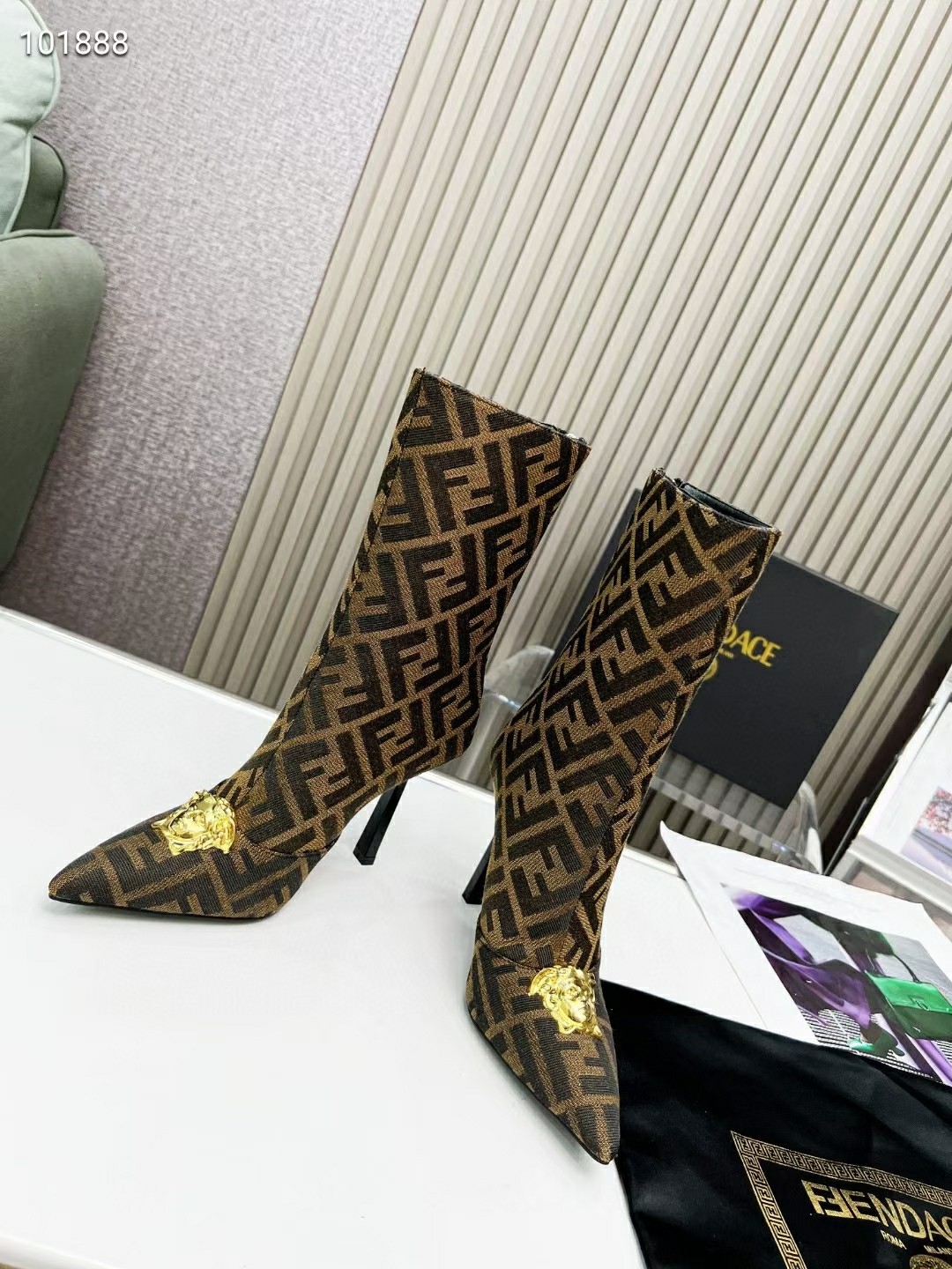 VERSACE FENDACE FF JACQUARD ANKLE BOOTS BROWN 1004496