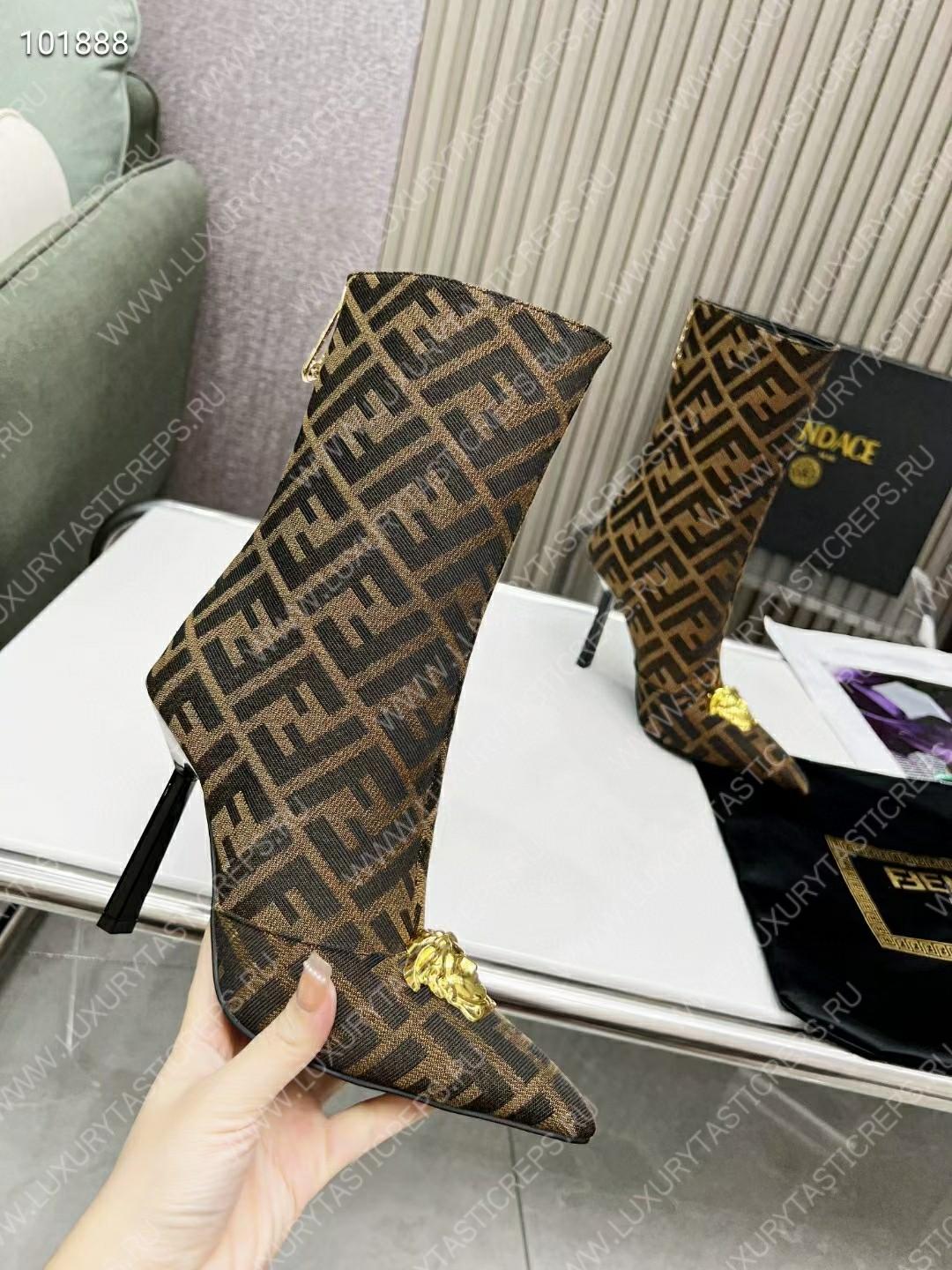 VERSACE FENDACE FF JACQUARD ANKLE BOOTS BROWN 1004496