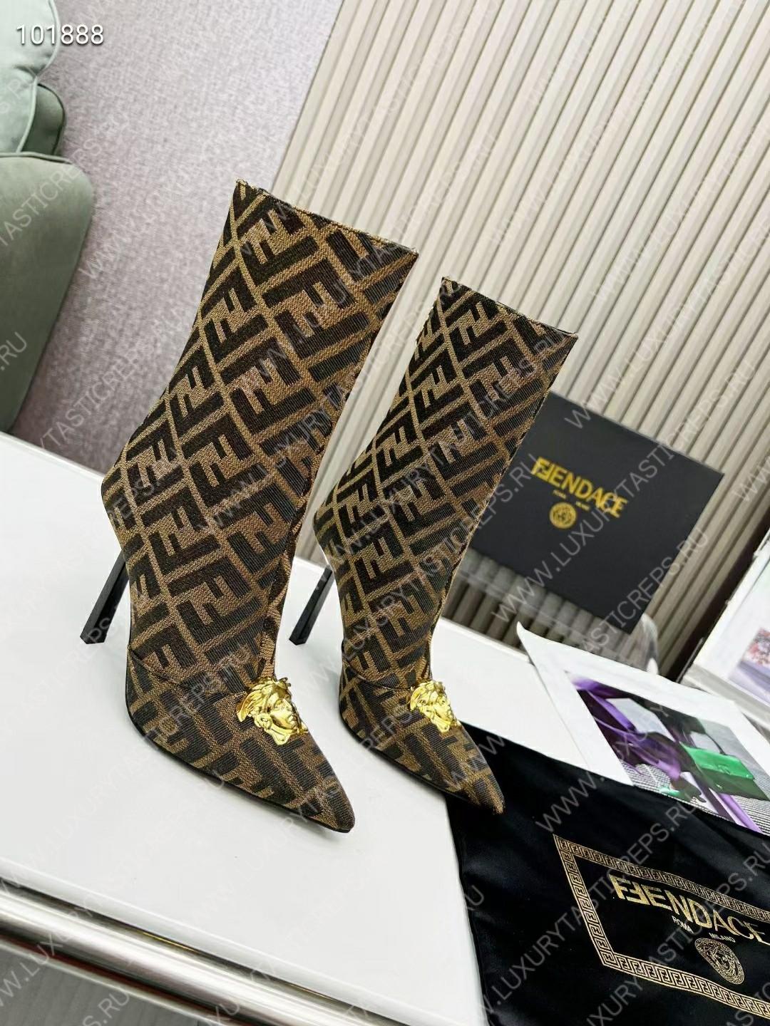 VERSACE FENDACE FF JACQUARD ANKLE BOOTS BROWN 1004496