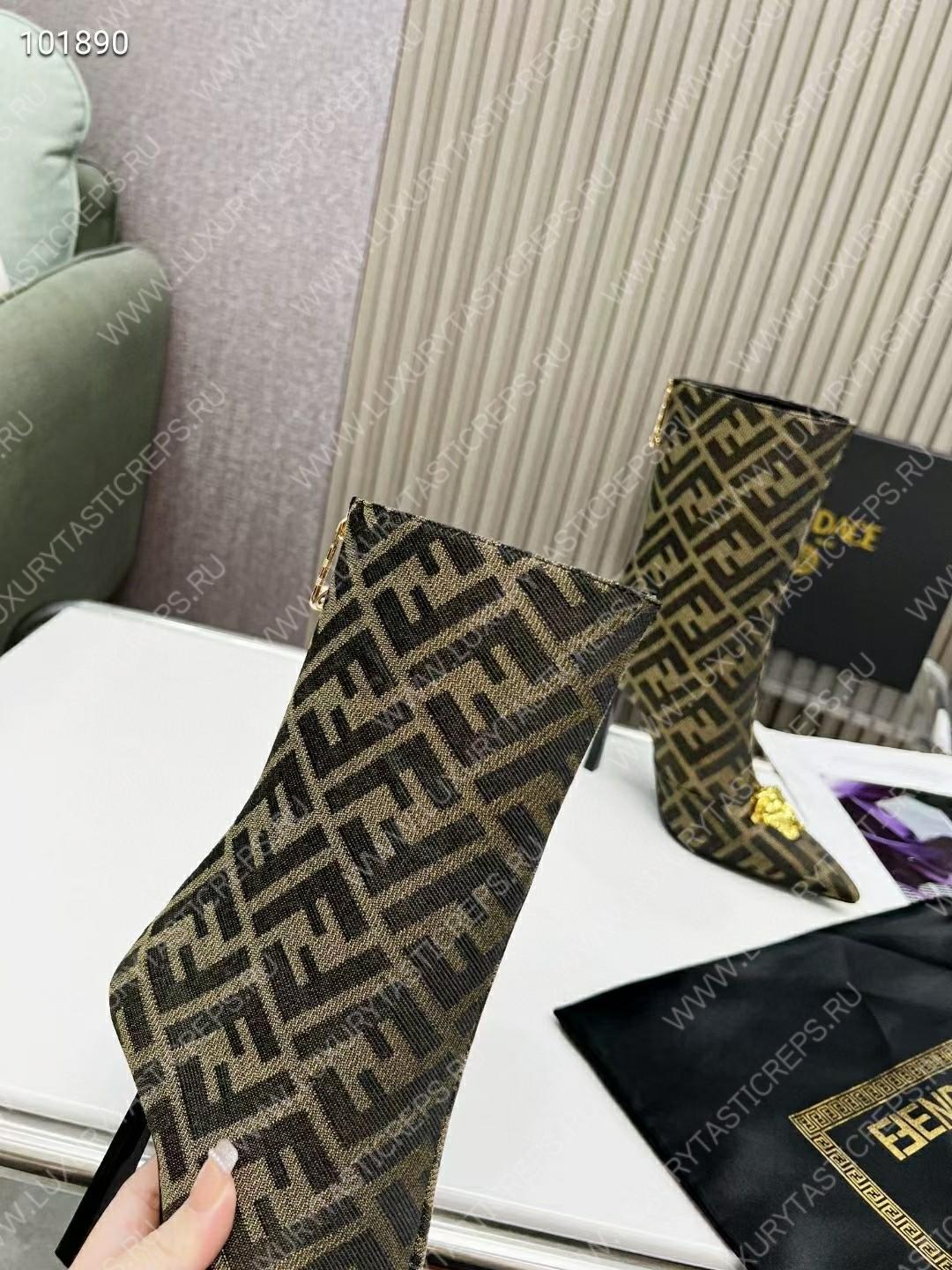 VERSACE FENDACE FF JACQUARD ANKLE BOOTS BROWN AND BEIGE 1004496