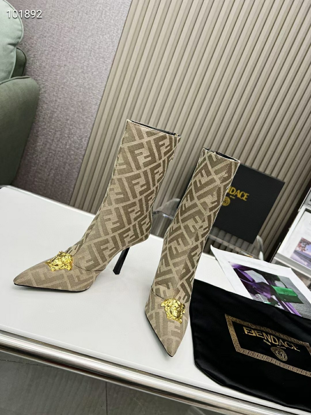 VERSACE FENDACE FF JACQUARD ANKLE BOOTS BEIGE 1004496