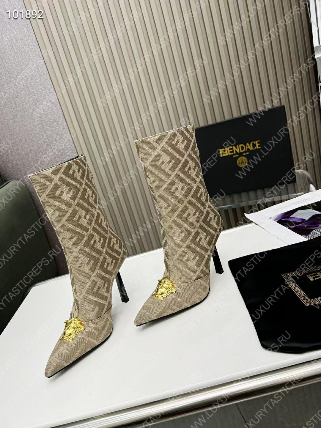 VERSACE FENDACE FF JACQUARD ANKLE BOOTS BEIGE 1004496