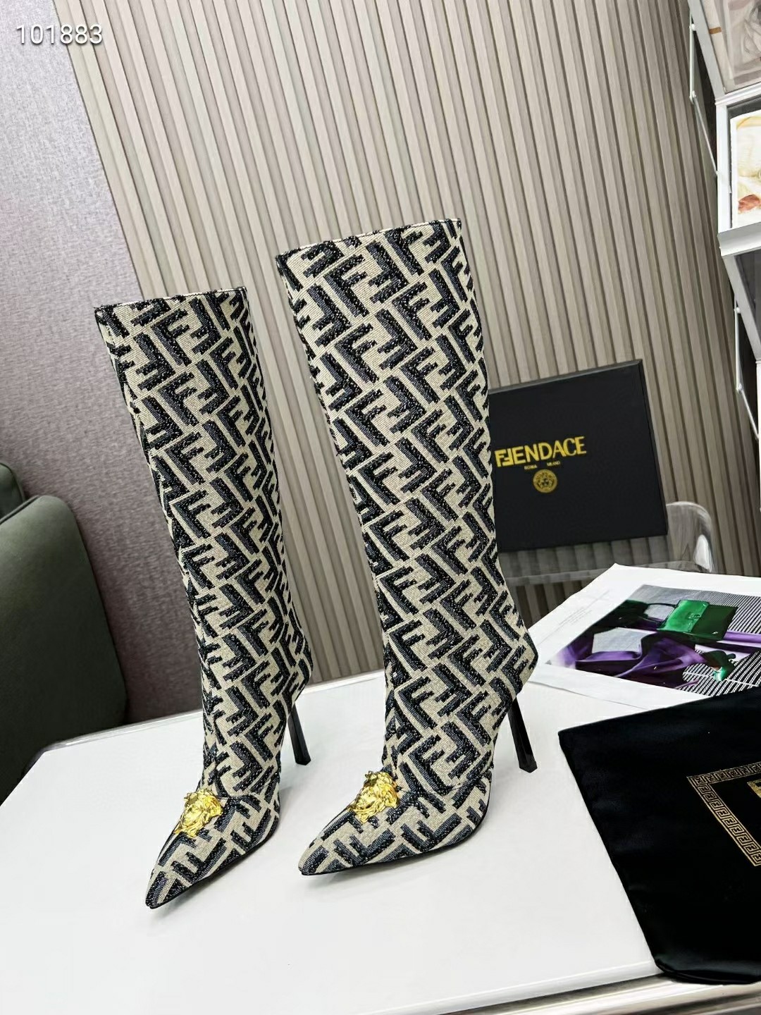 VERSACE FENDACE FF JACQUARD BOOTS LIGHT BROWN 1004496