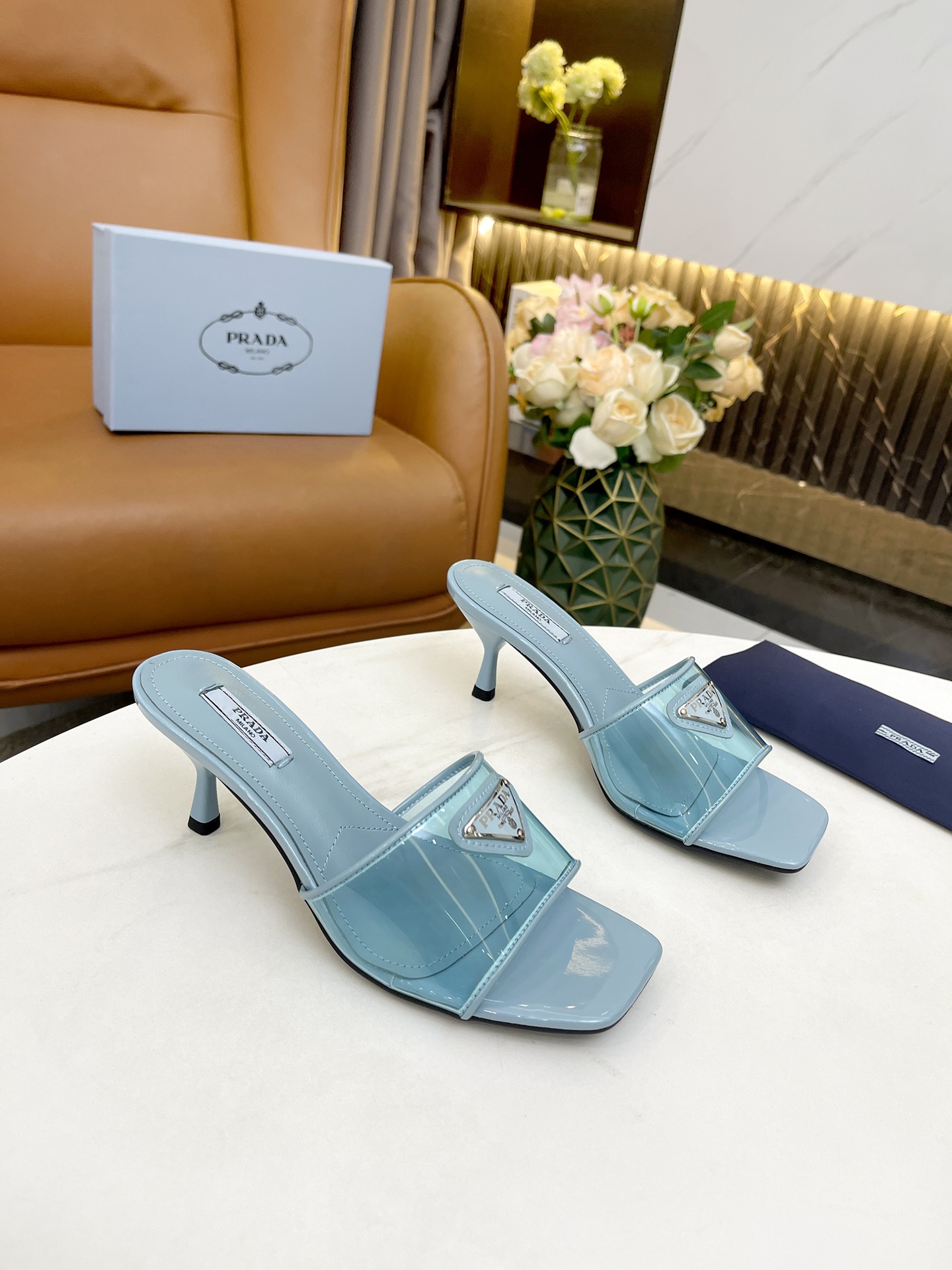 Pra*a plexiglas and patent leather sandals light blue 1xx644